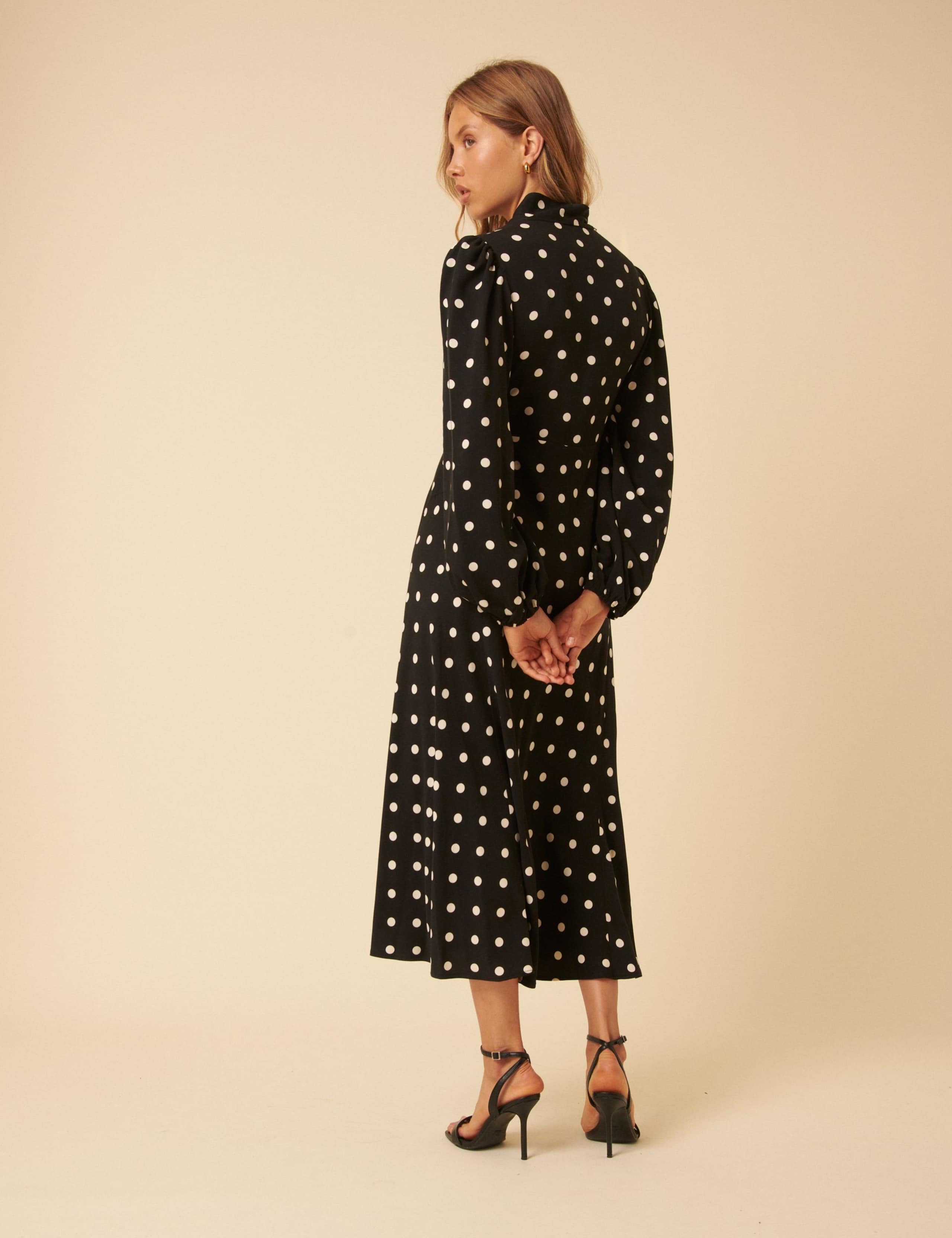 Polka Dot V-Neck Blouson Sleeve Midi Tea Dress 3 of 5