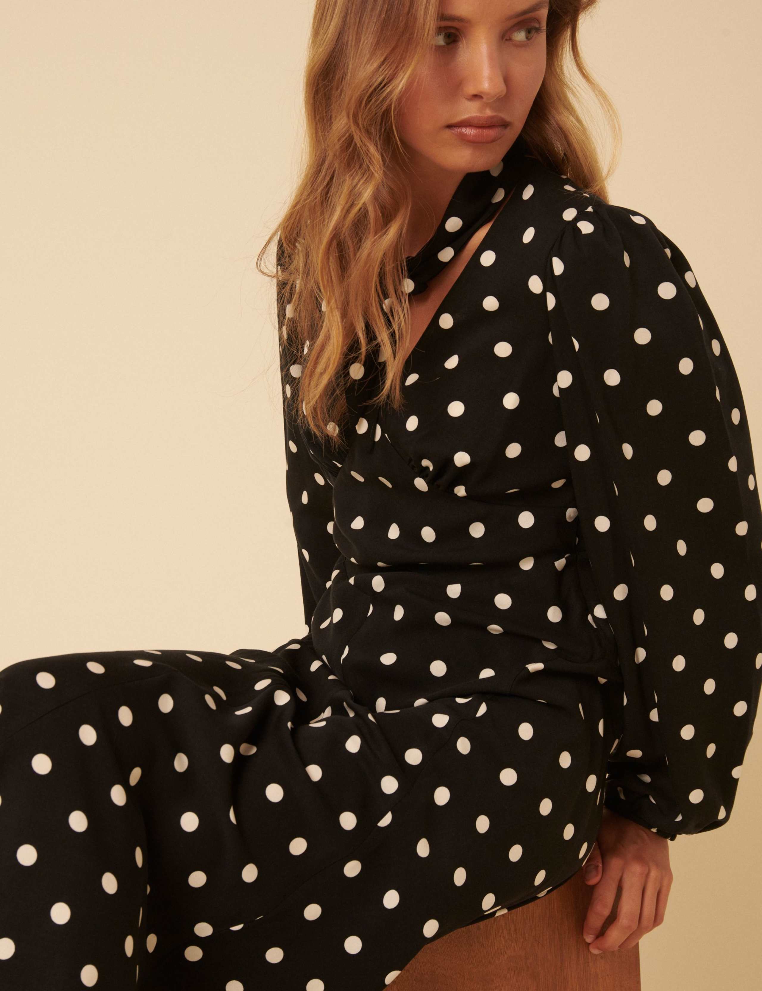 Polka Dot V-Neck Blouson Sleeve Midi Tea Dress 5 of 5