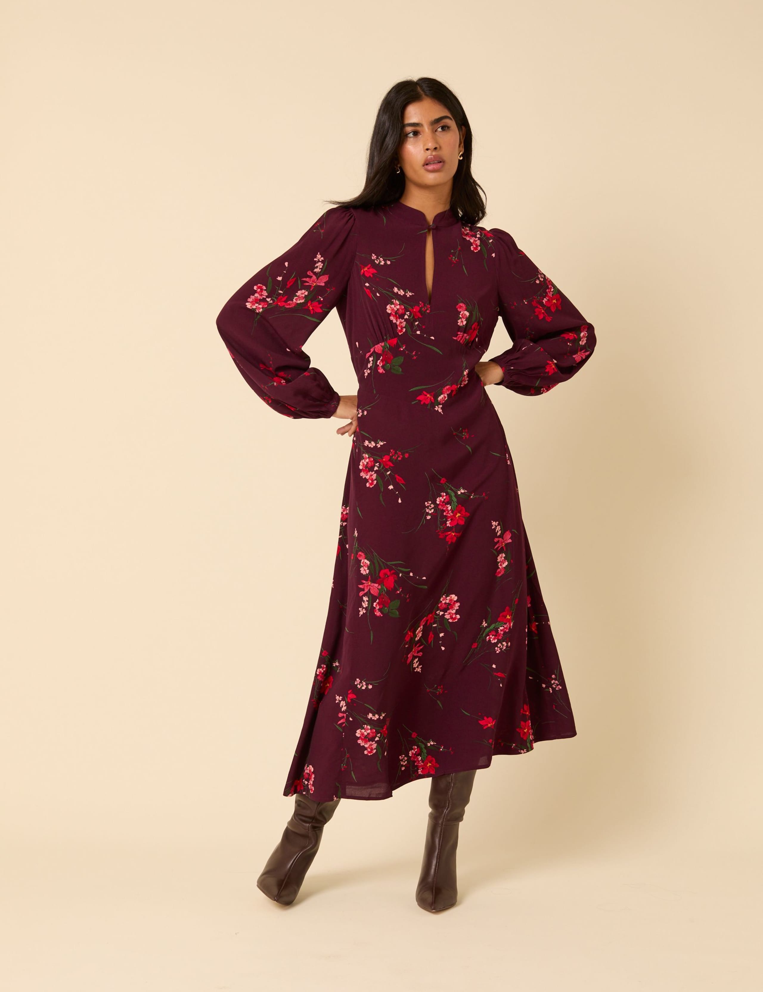 Floral High Neck Blouson Sleeve Empire Line Midaxi Waisted Dress 2 of 5
