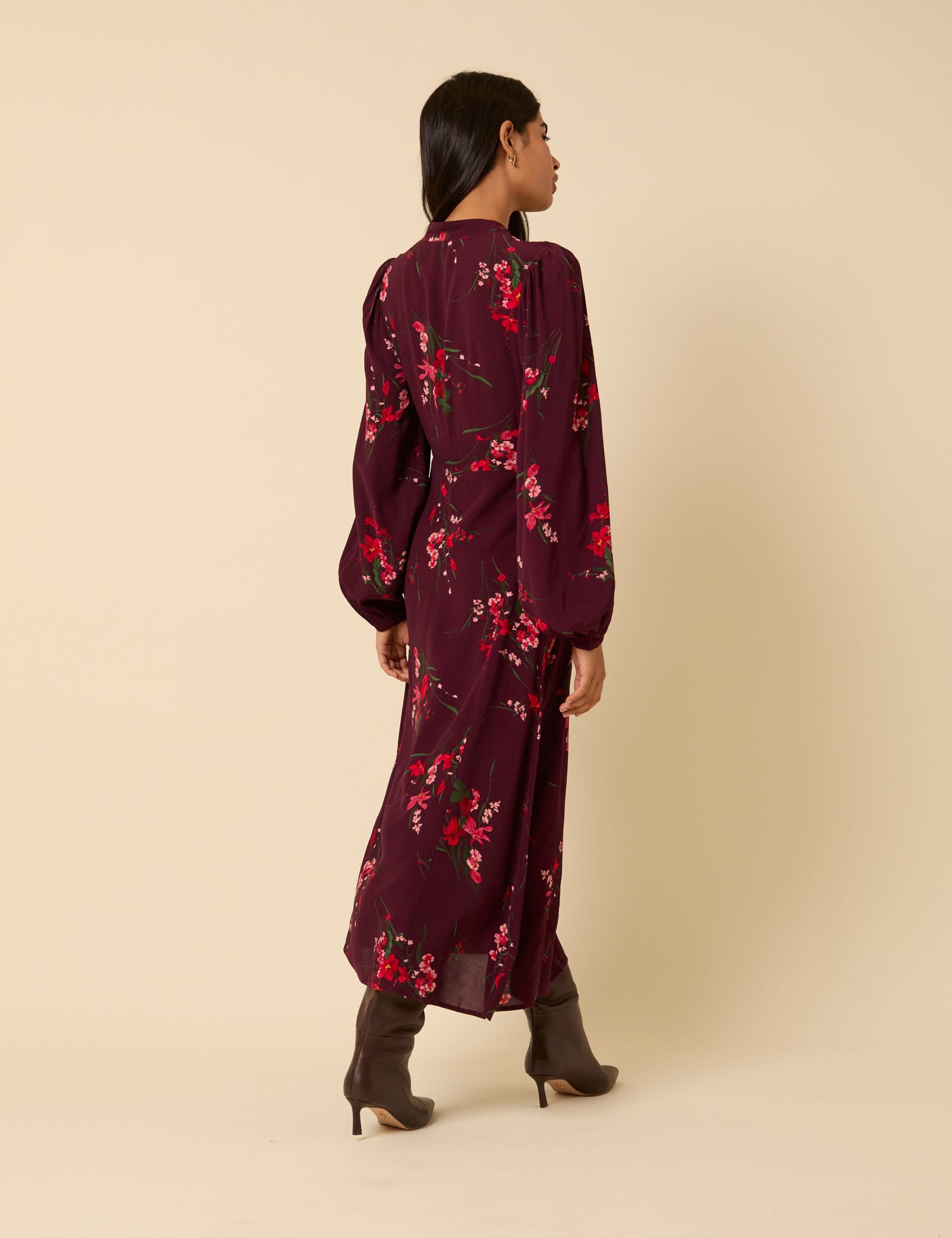 Floral High Neck Blouson Sleeve Empire Line Midaxi Waisted Dress 3 of 5