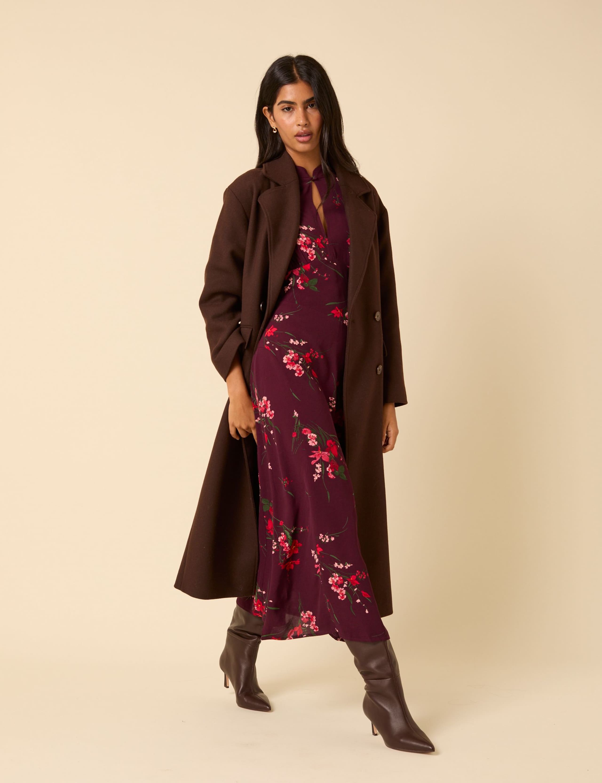 Floral High Neck Blouson Sleeve Empire Line Midaxi Waisted Dress 4 of 5