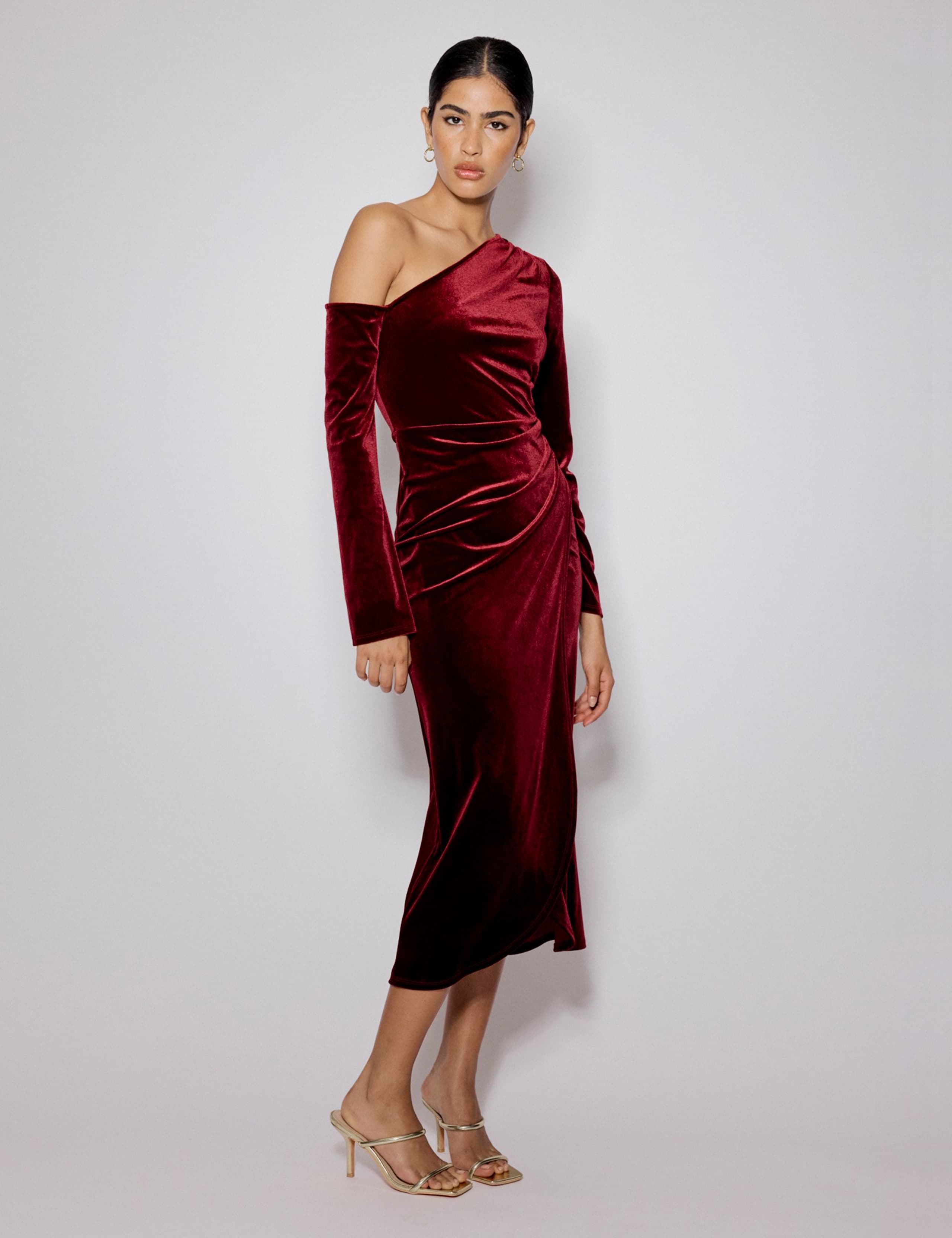 Velvet One Shoulder Gathered Midi Bodycon Dress 2 of 5