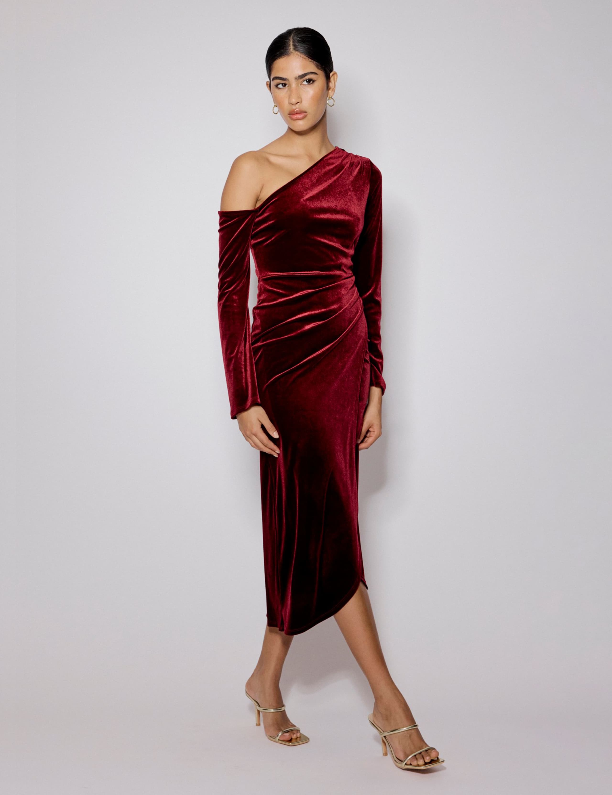 Velvet One Shoulder Gathered Midi Bodycon Dress 4 of 5