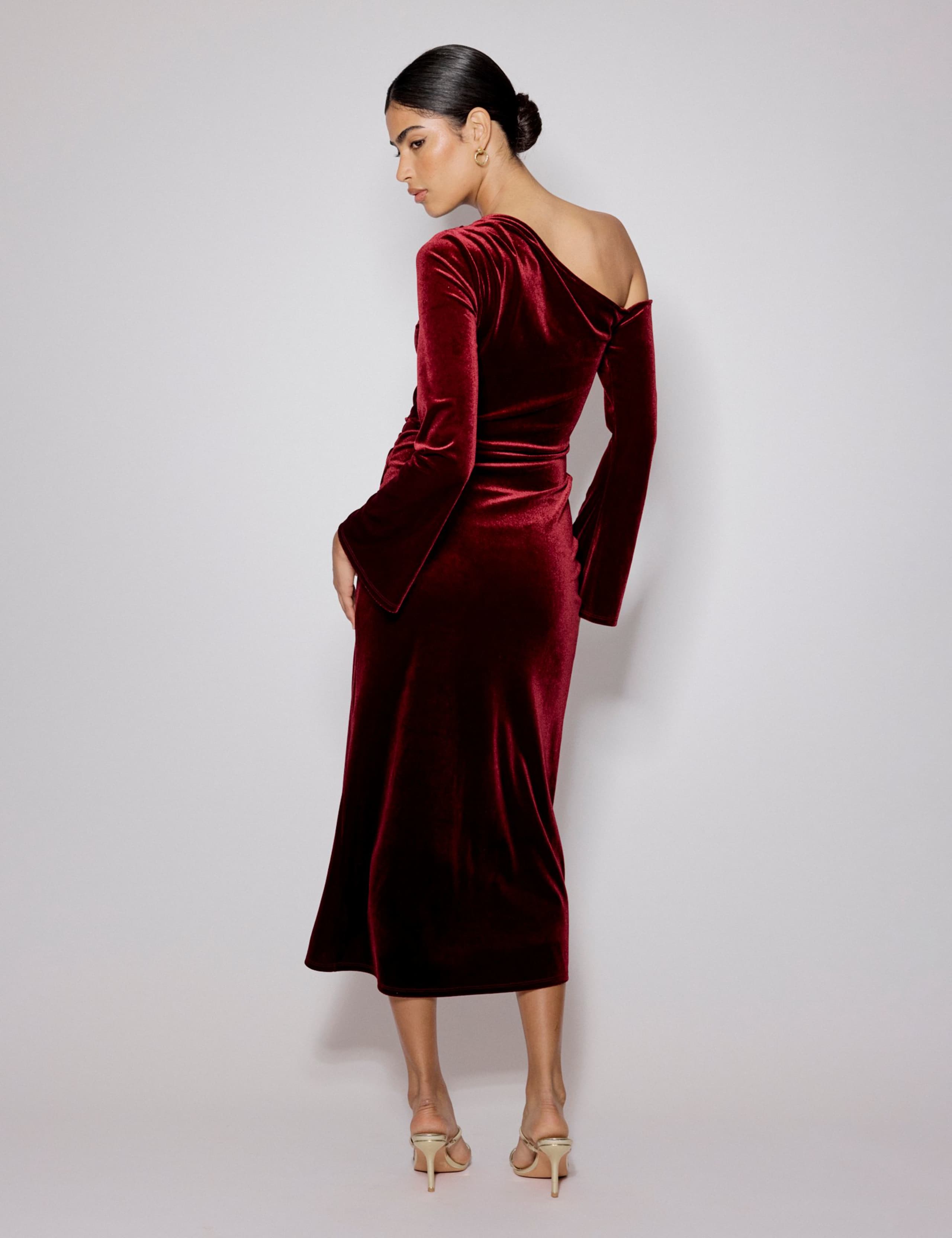 Velvet One Shoulder Gathered Midi Bodycon Dress 5 of 5
