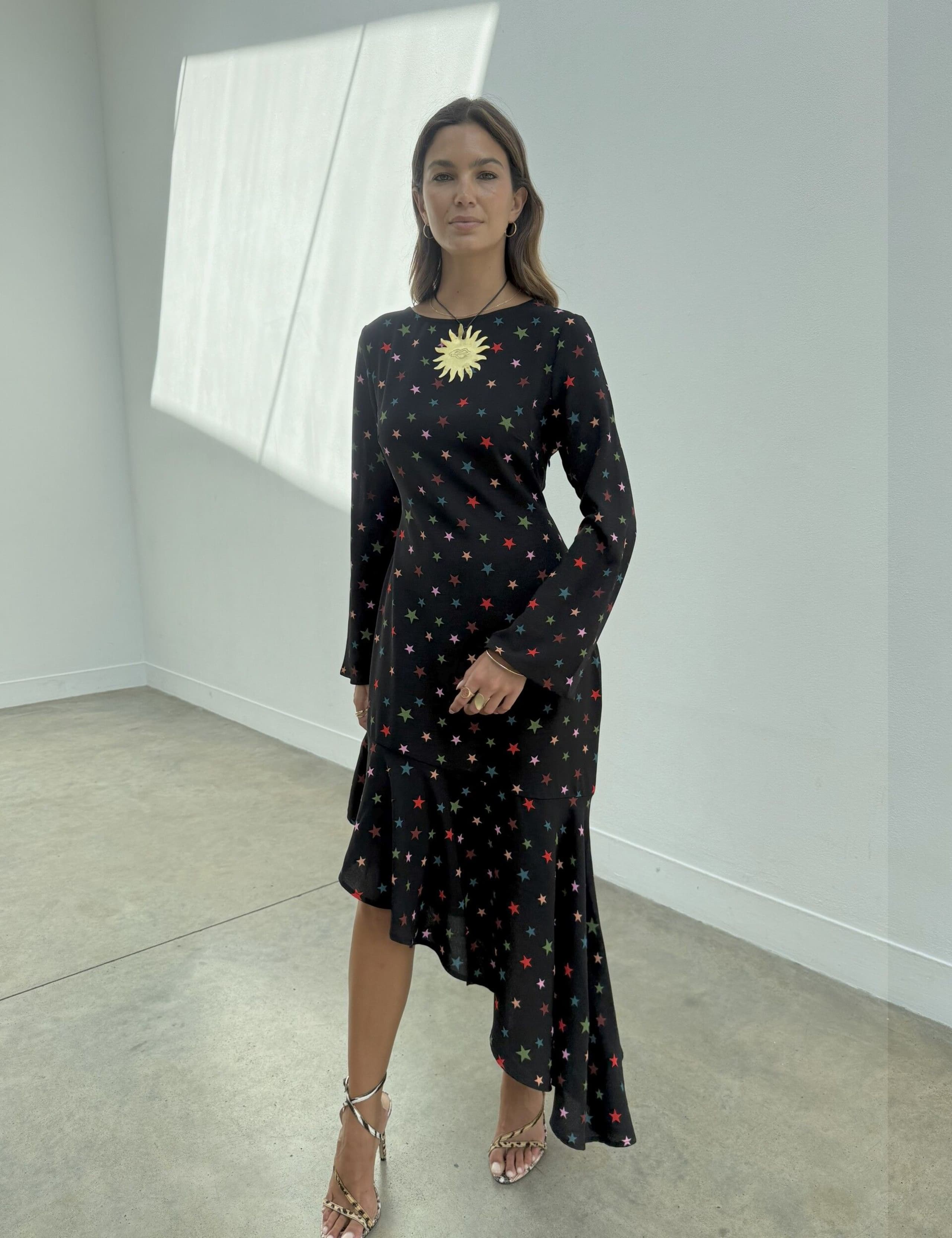 Star Print Asymmetric Ruffle Hem Midi Dress 3 of 5
