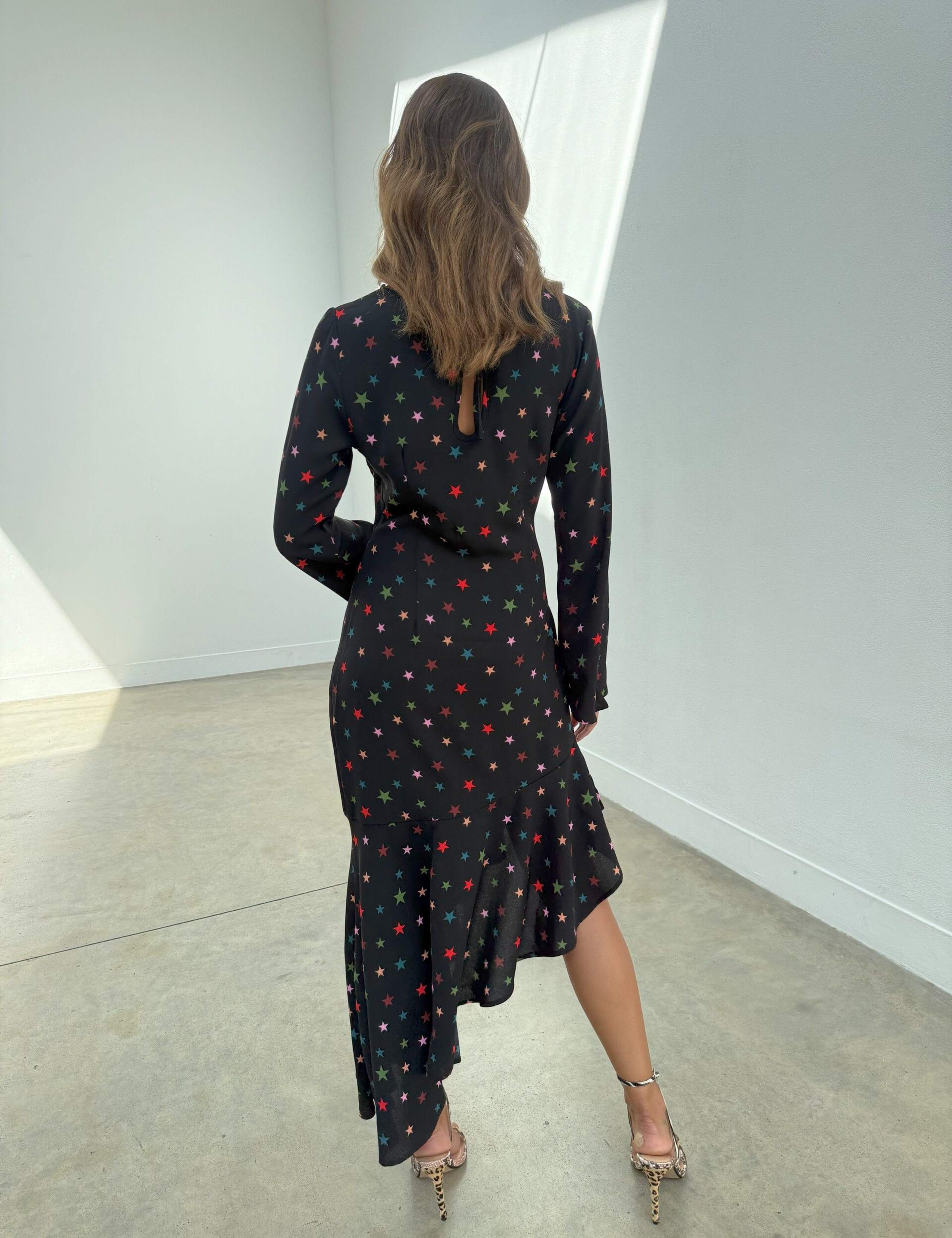 Star Print Asymmetric Ruffle Hem Midi Dress 4 of 5