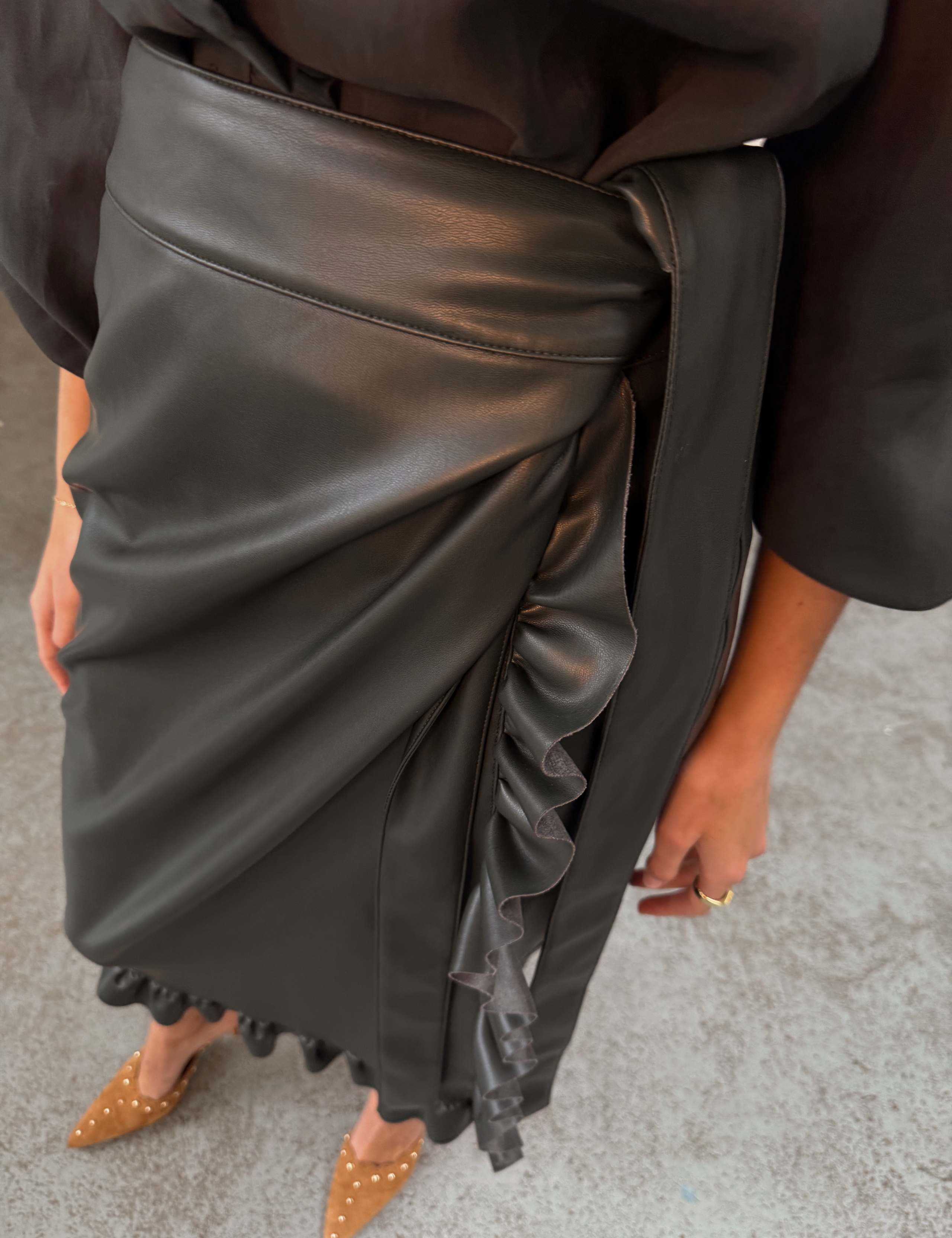 Leather Look Ruffle Midi Wrap Skirt 4 of 6