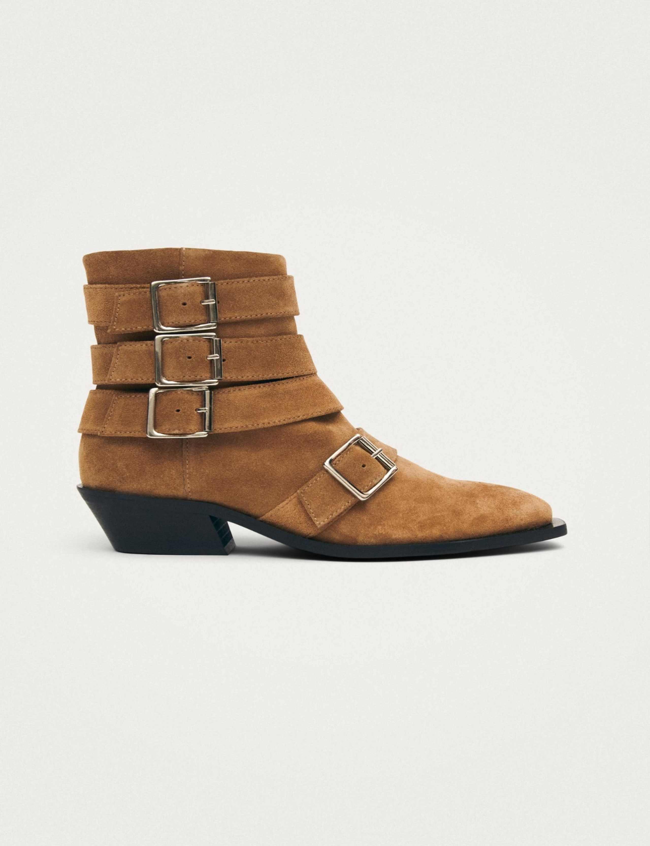 Suede Buckle Cuban Heel Pointed Ankle Boots 1 of 5