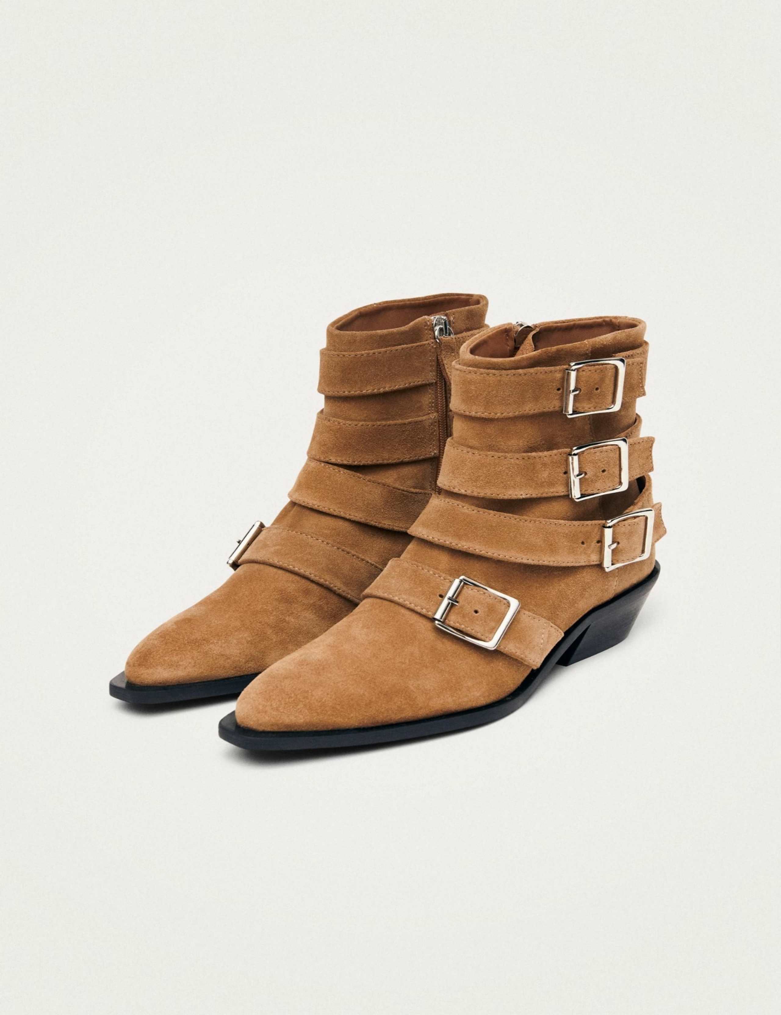 Suede Buckle Cuban Heel Pointed Ankle Boots 2 of 5