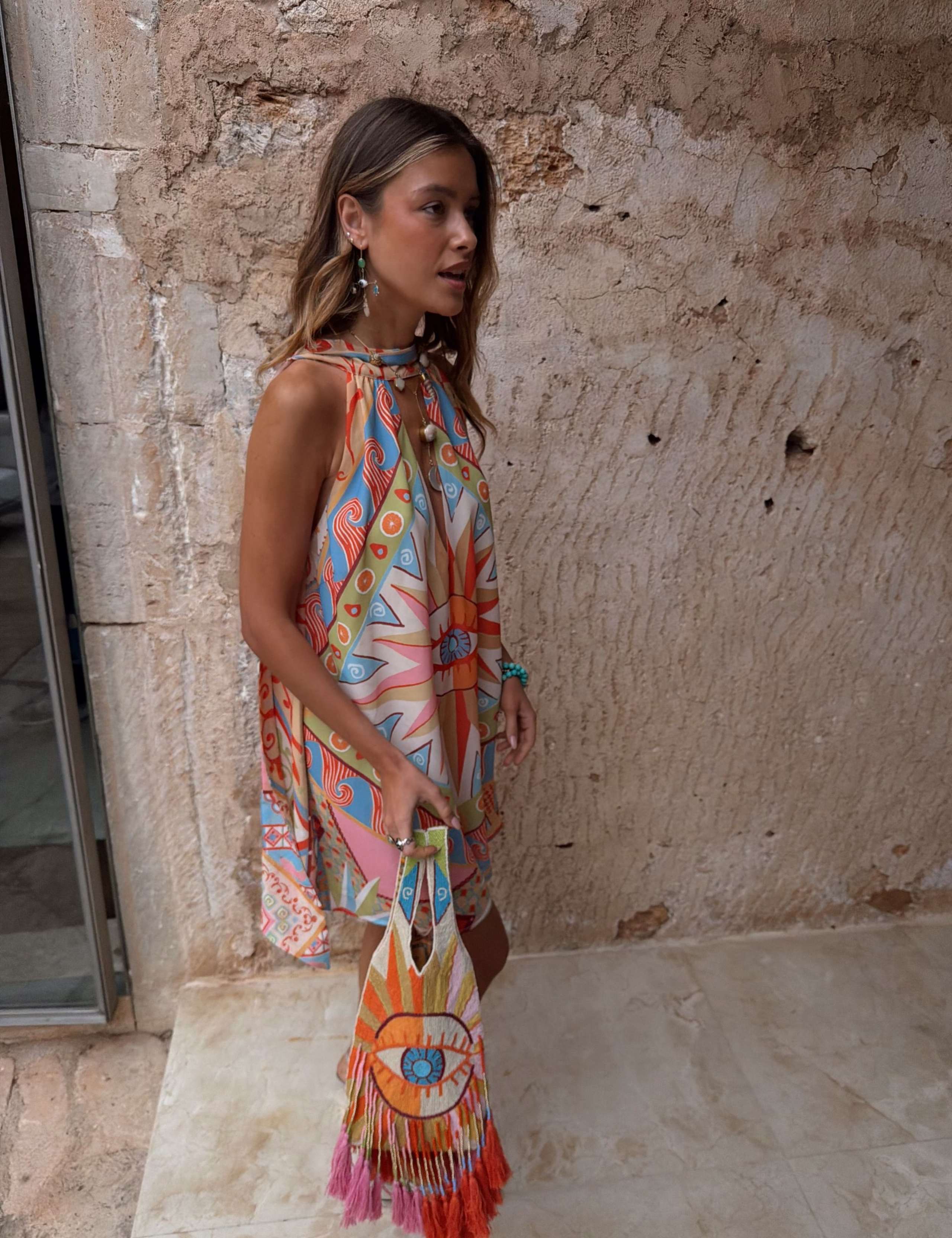 Printed Halter Neck Mini Beach Dress 2 of 5