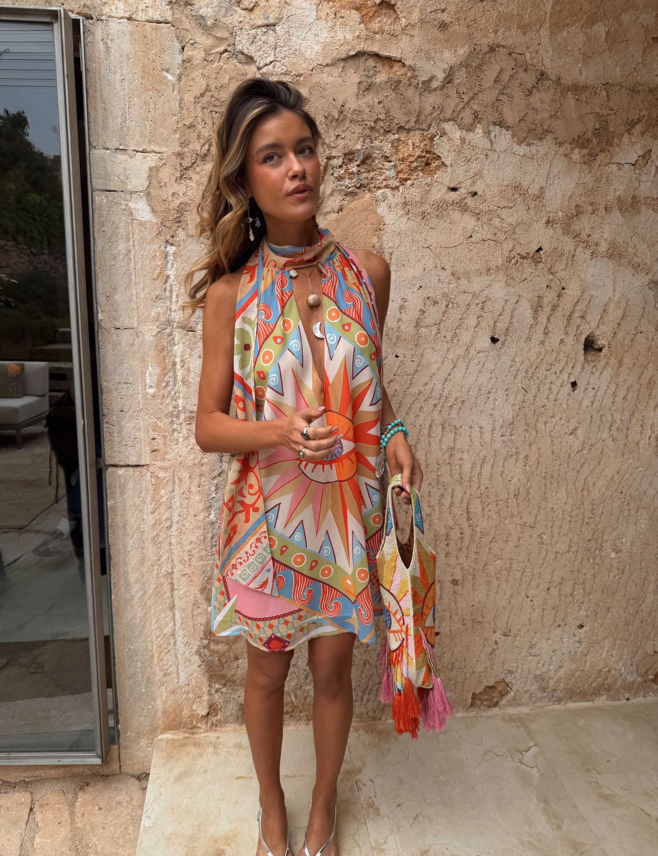 Printed Halter Neck Mini Beach Dress 3 of 5