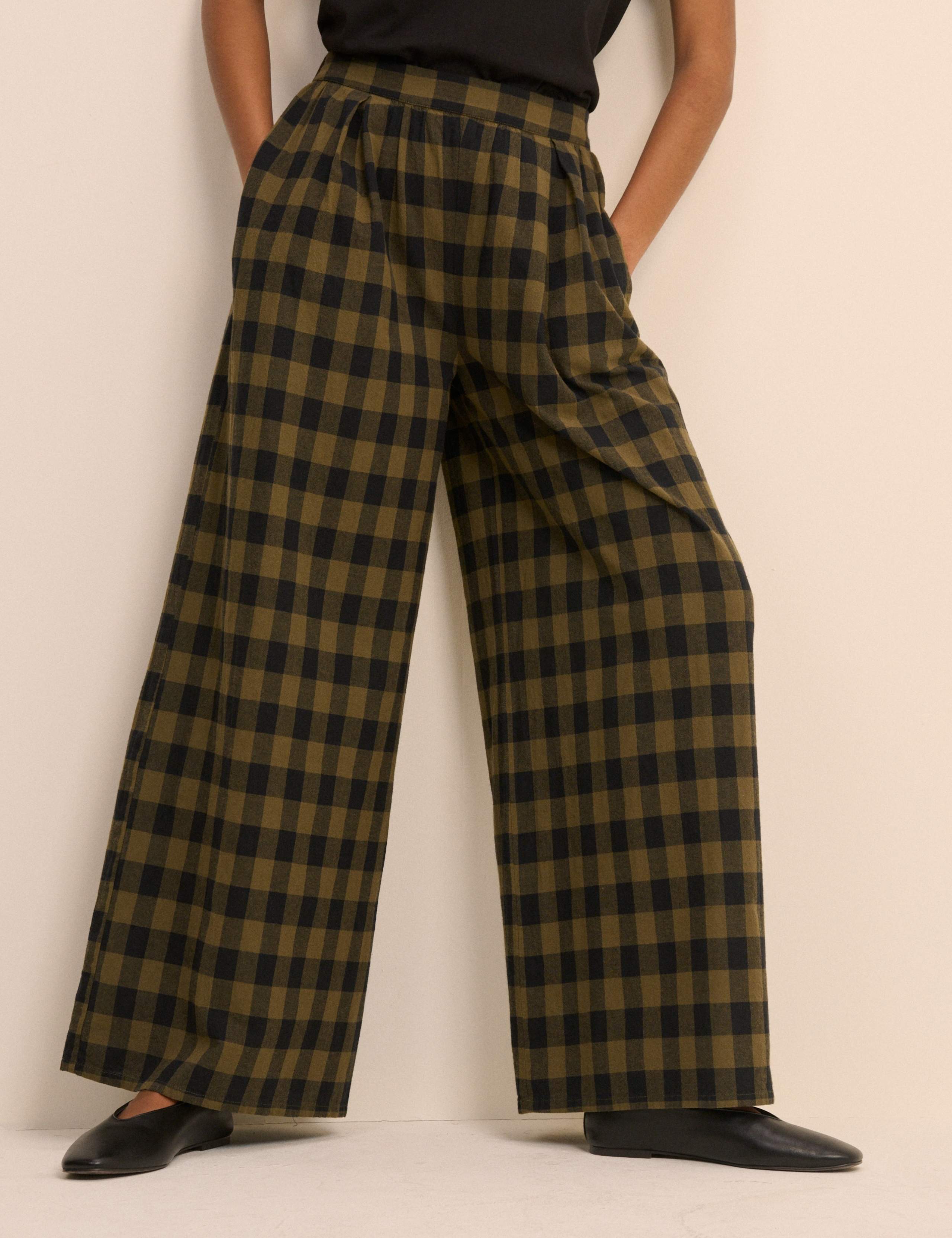 Pure Cotton Checked Wide Leg Trousers 1 of 5
