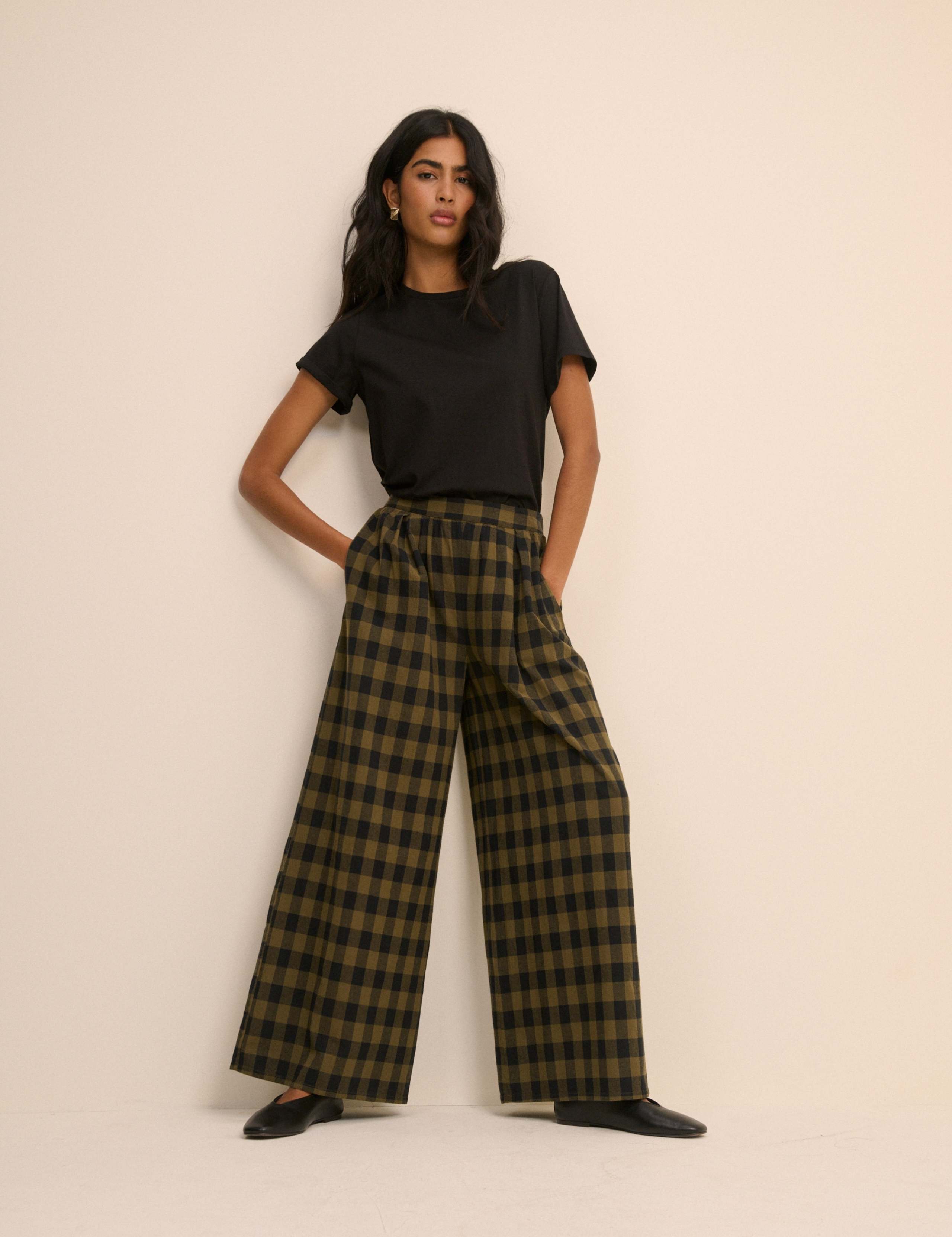 Pure Cotton Checked Wide Leg Trousers 3 of 5