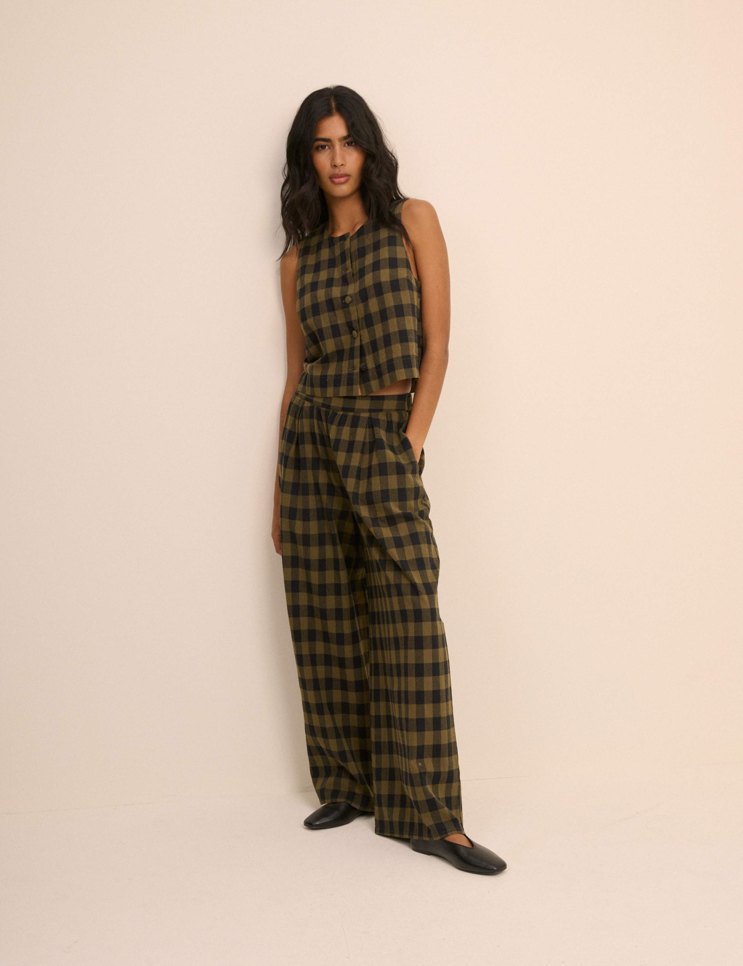 Pure Cotton Checked Wide Leg Trousers 4 of 5