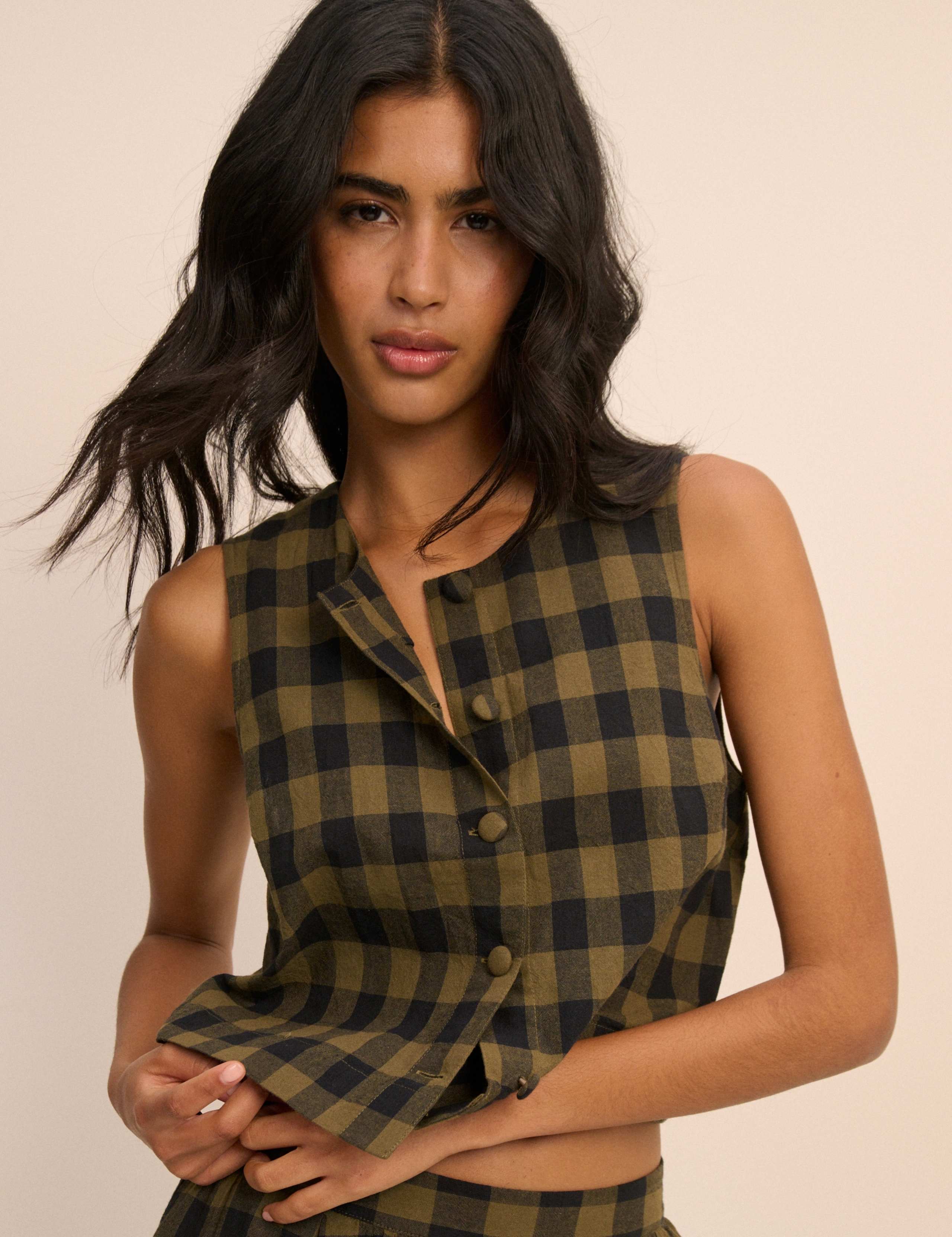 Pure Cotton Checked Button Through Tank Top 4 of 5