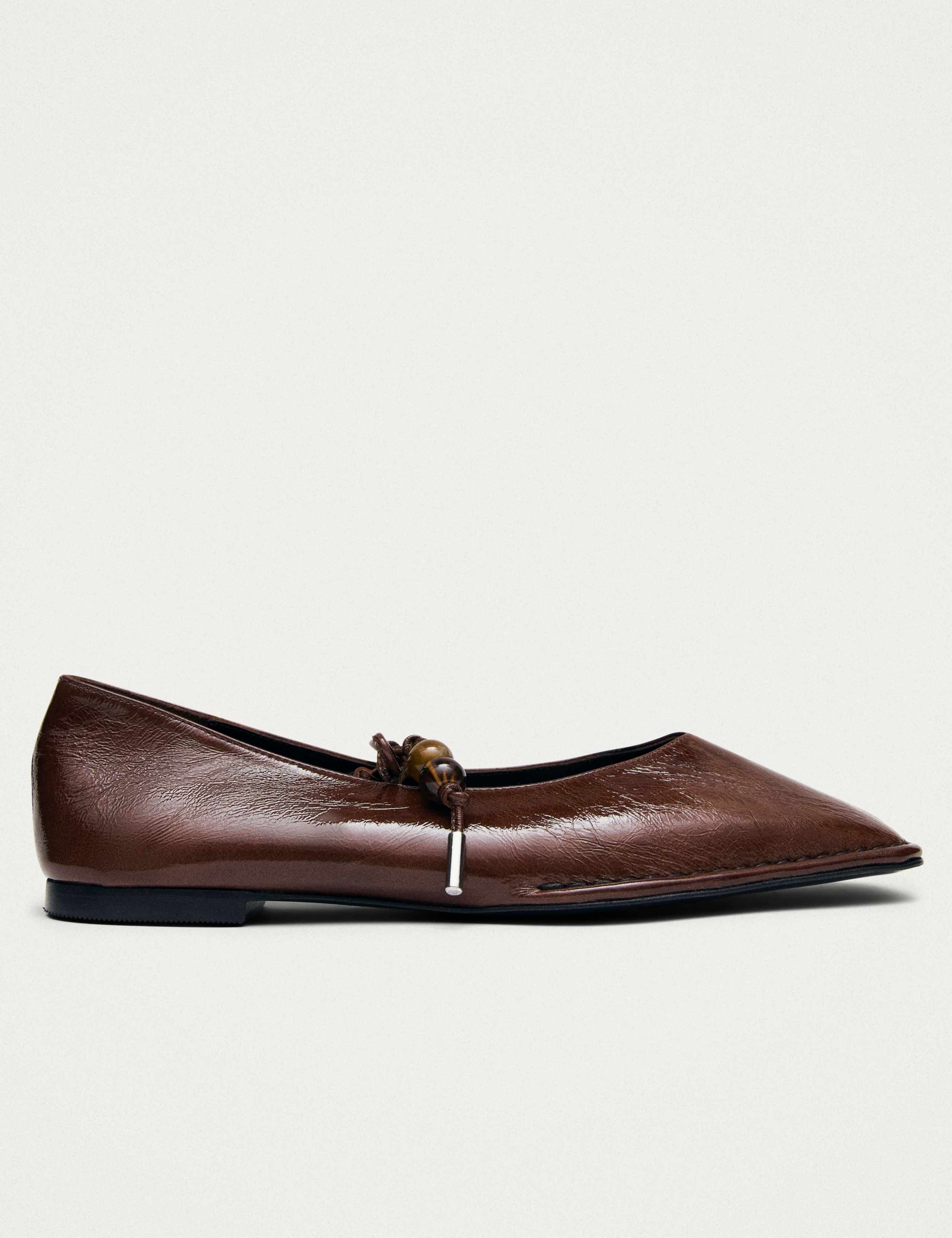 Sway Beads Brown Leather Flat Ballet Pumps 1 of 6