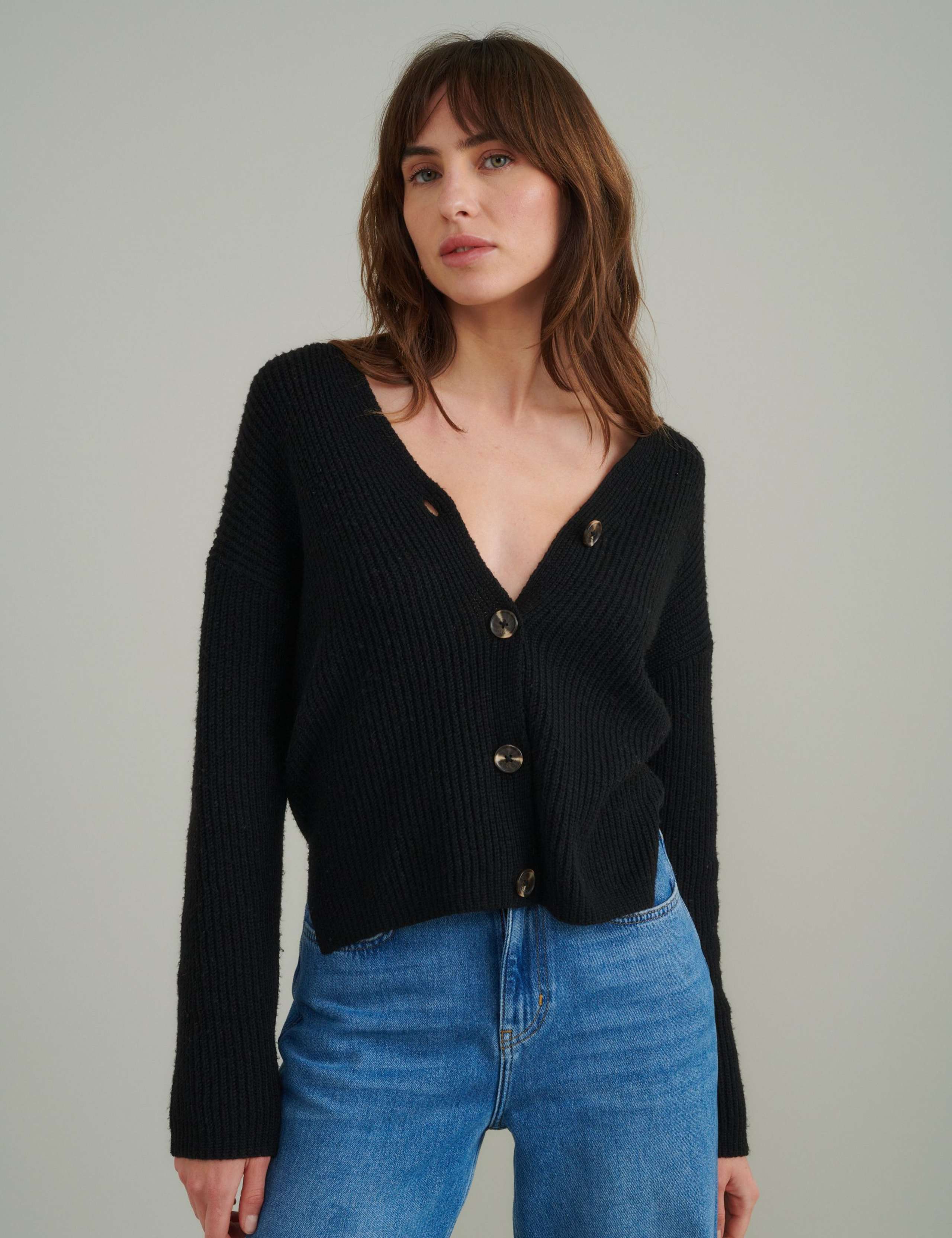 Cotton Rich Ribbed V-Neck Relaxed Cardigan 2 of 5