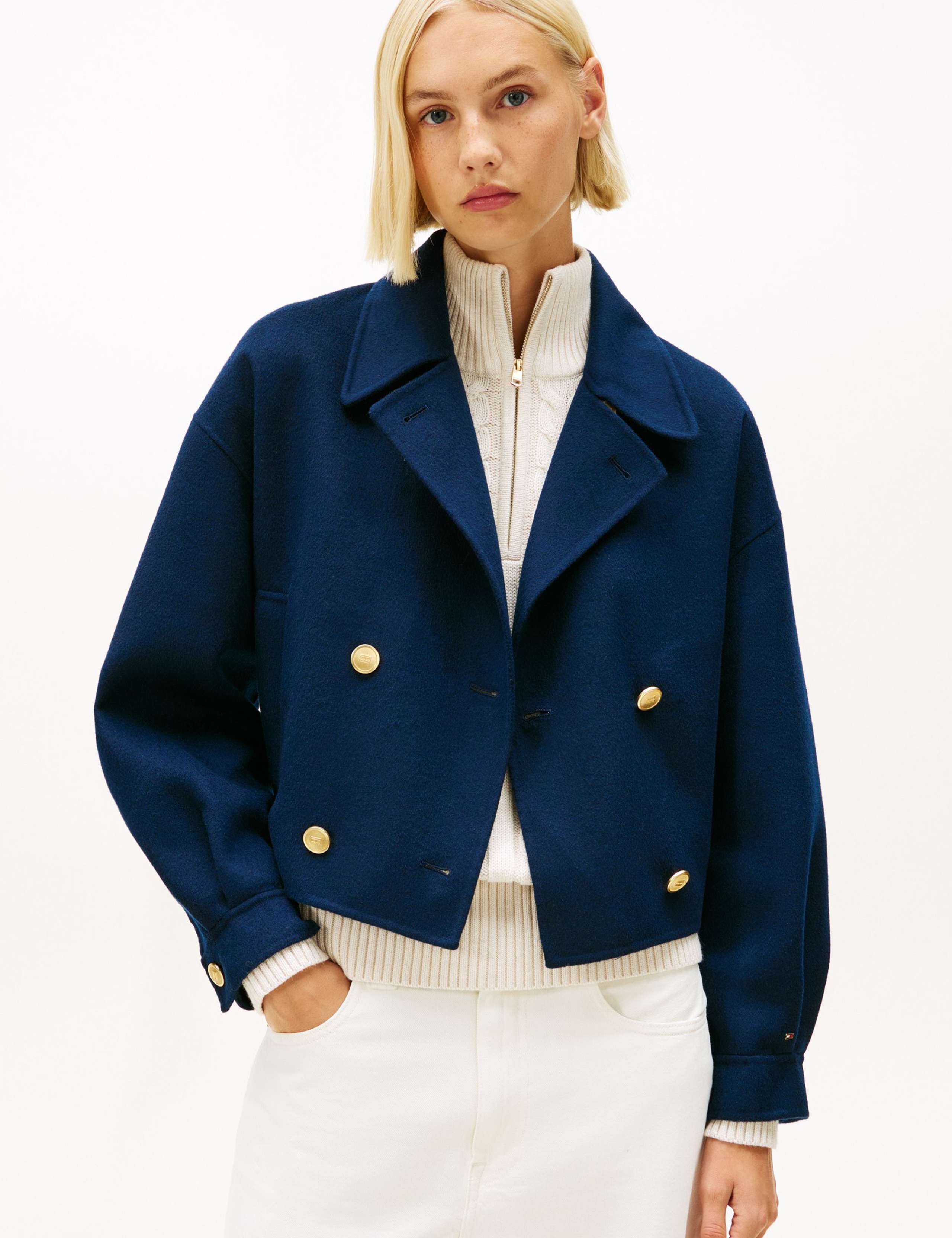 Wool Rich Collared Cropped Tailored Peacoat 1 of 5
