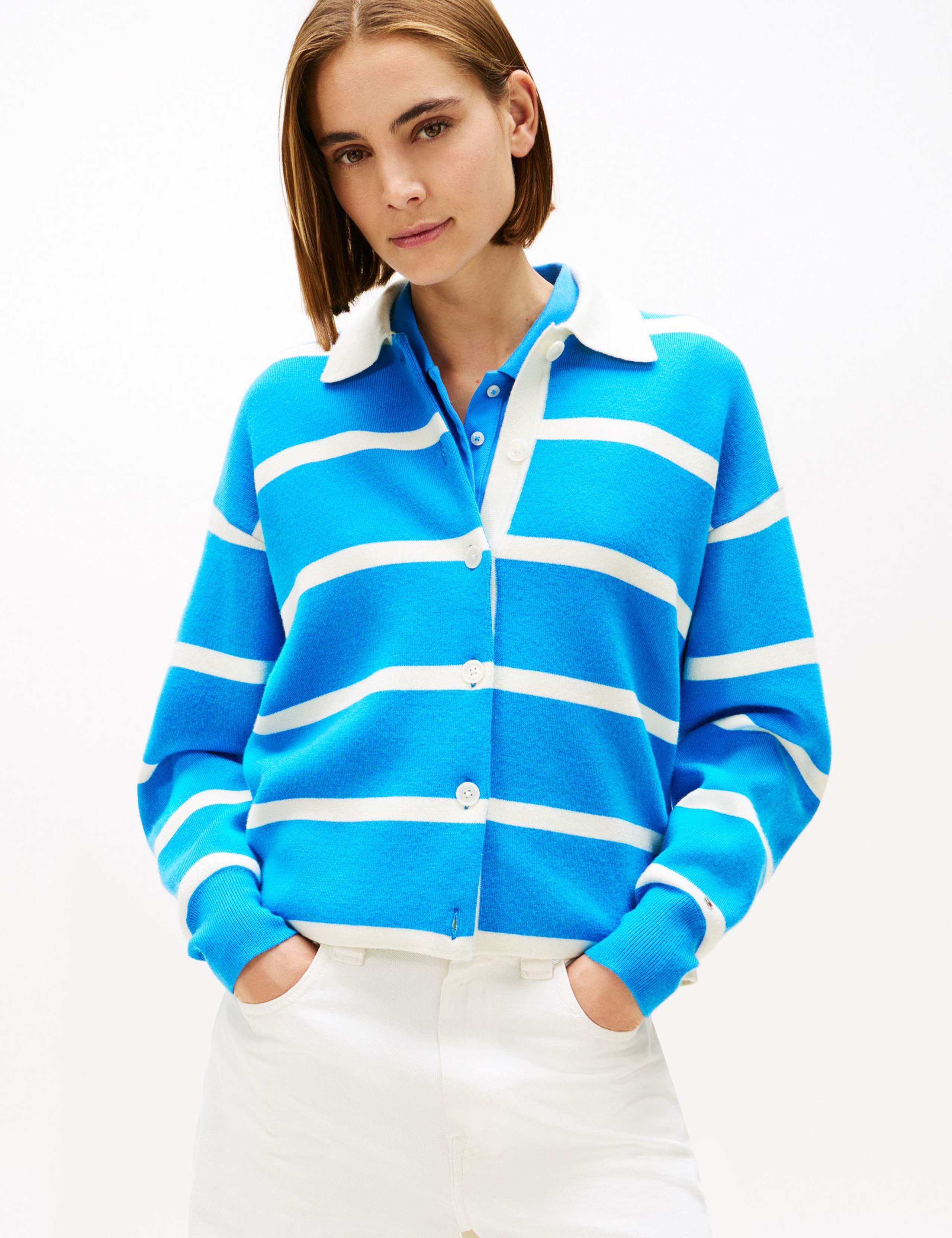 Cotton Rich Striped Collared Cardigan with Cashmere 1 of 5