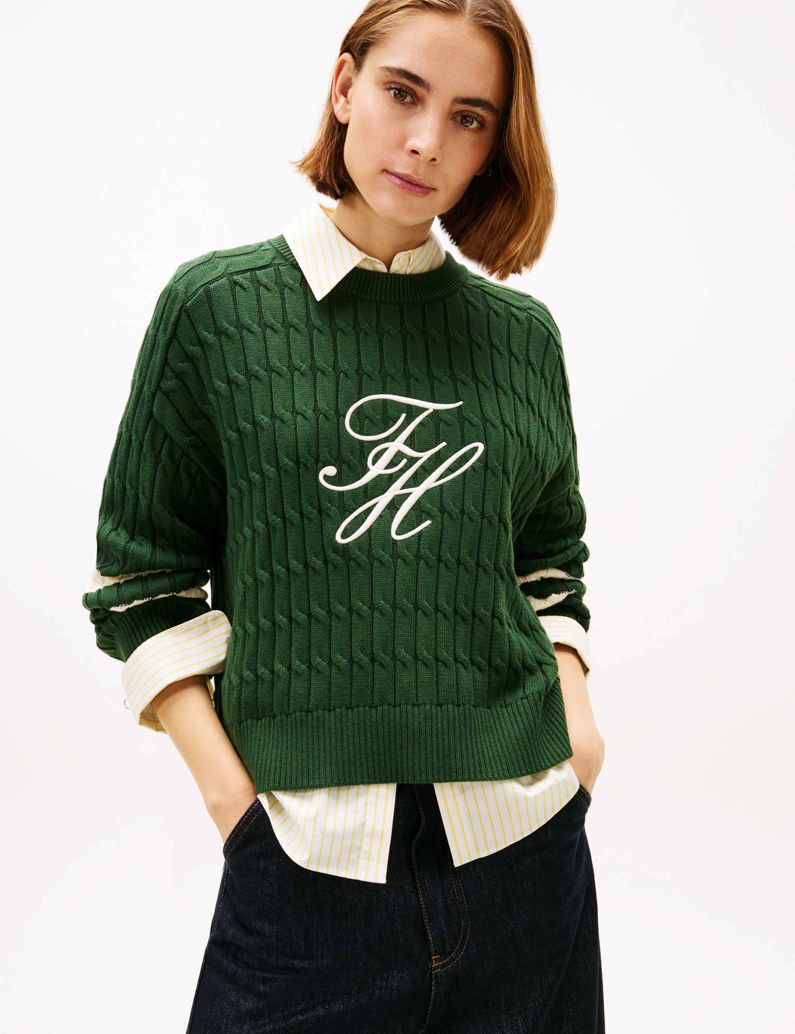 Pure Cotton Cable Knit Crew Neck Sweatshirt 1 of 5