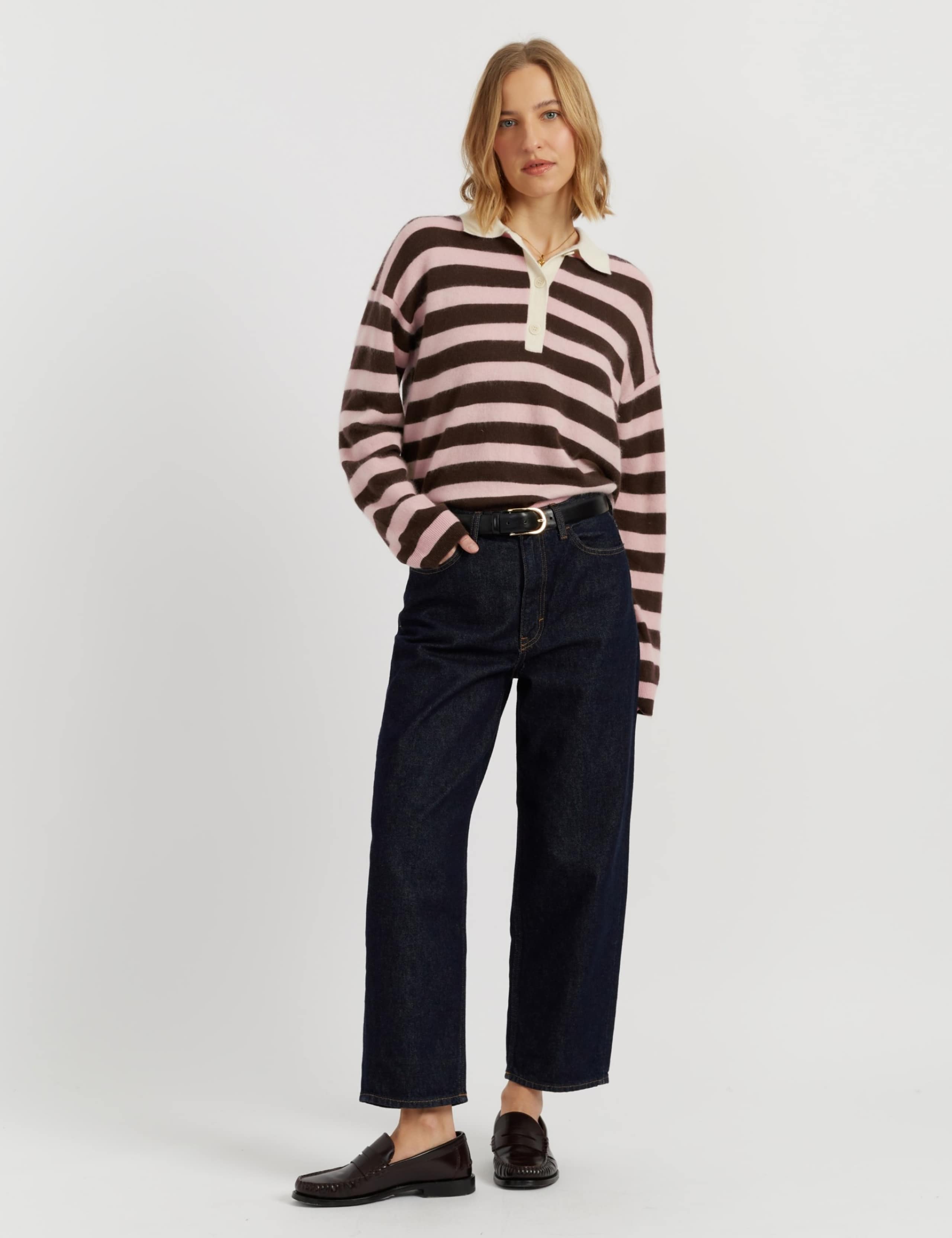 Brushed Pure Merino Wool Striped Collared Sweatshirt 1 of 4