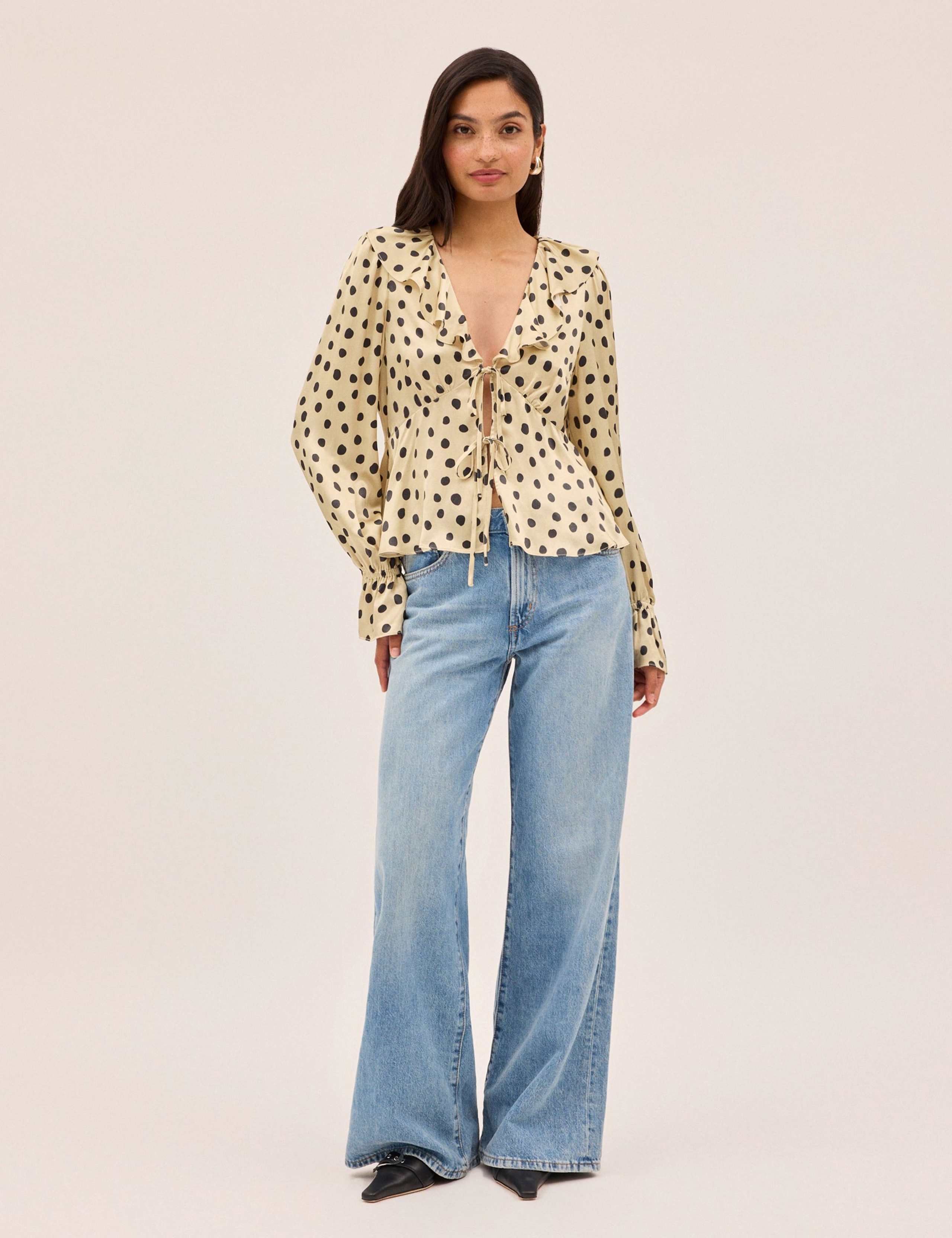 Satin Polka Dot V-Neck Tie Front Blouse 2 of 4