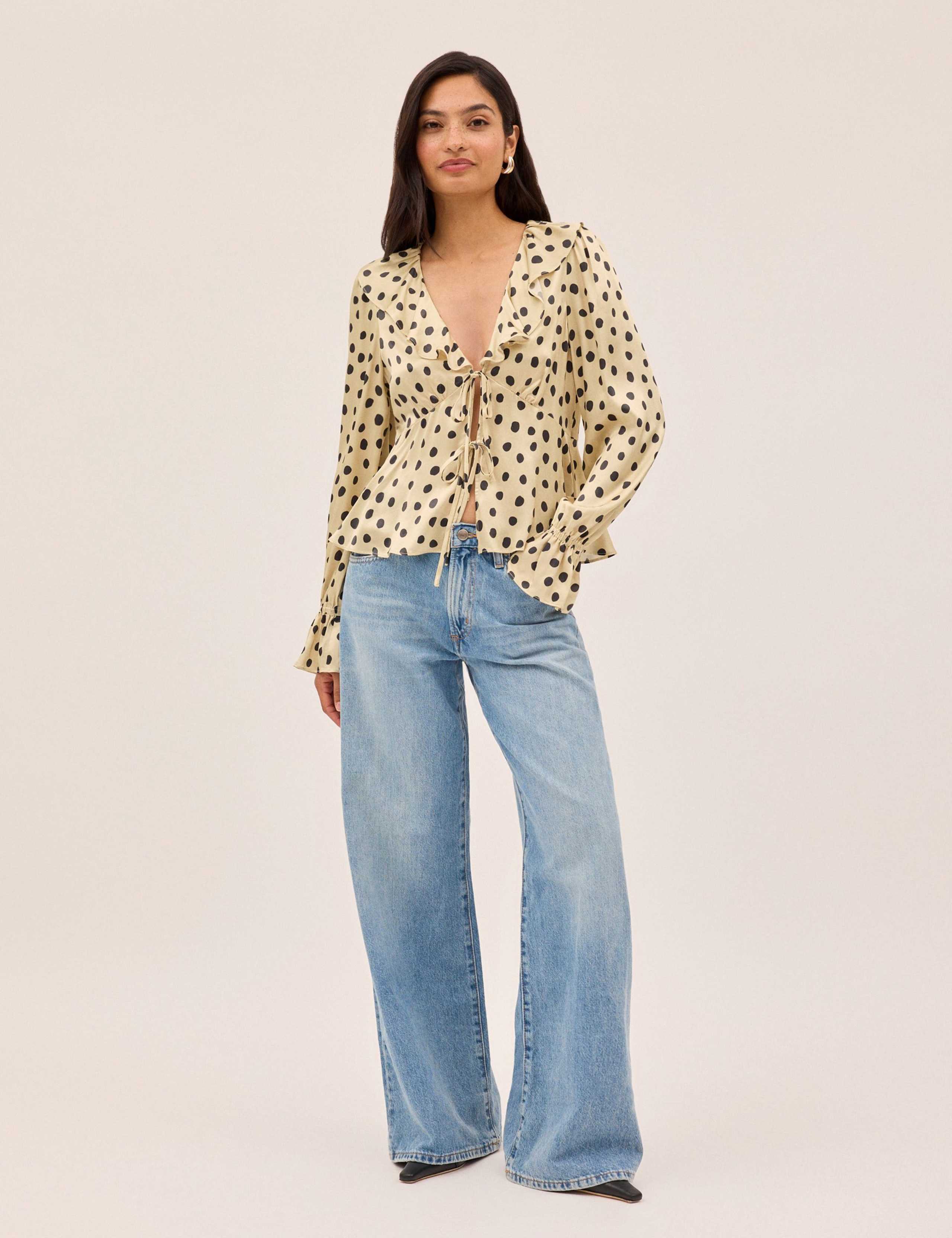 Satin Polka Dot V-Neck Tie Front Blouse 3 of 4