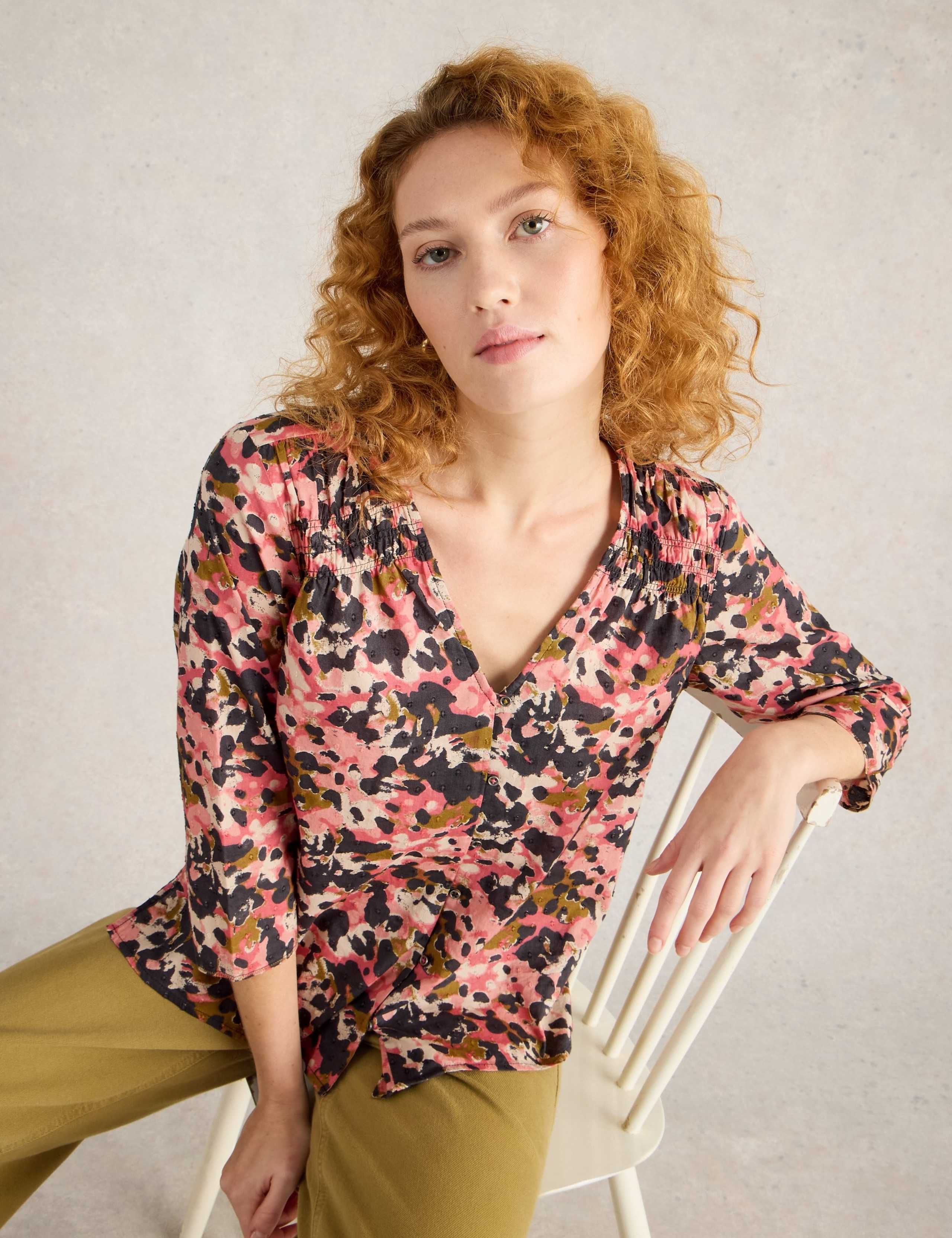 Pure Cotton Abstract V-Neck Shirred Blouse 1 of 7