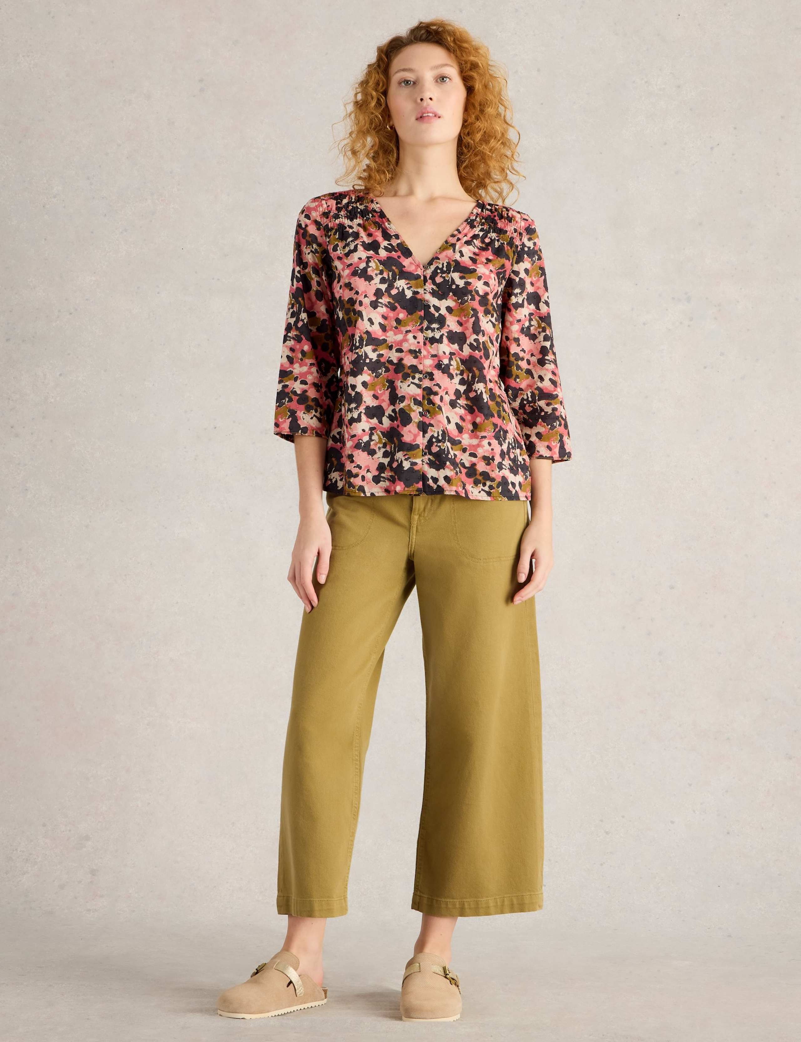 Pure Cotton Abstract V-Neck Shirred Blouse 4 of 7