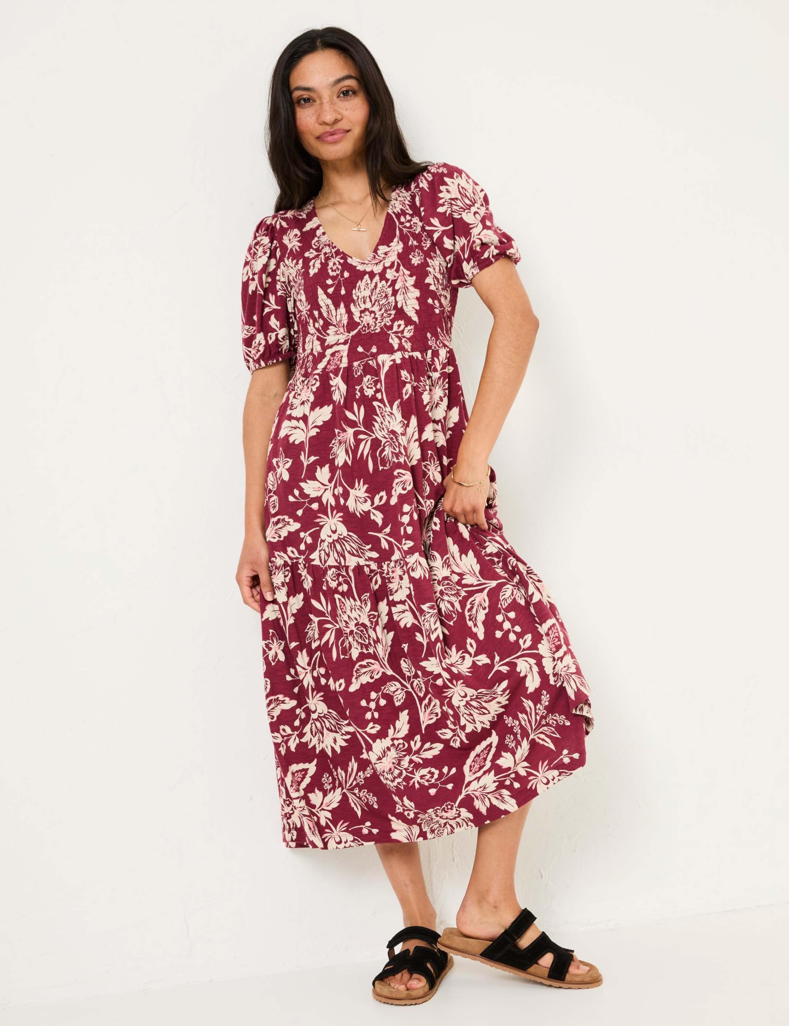 Cotton Rich Floral V-Neck Midi Waisted Dress 3 of 5