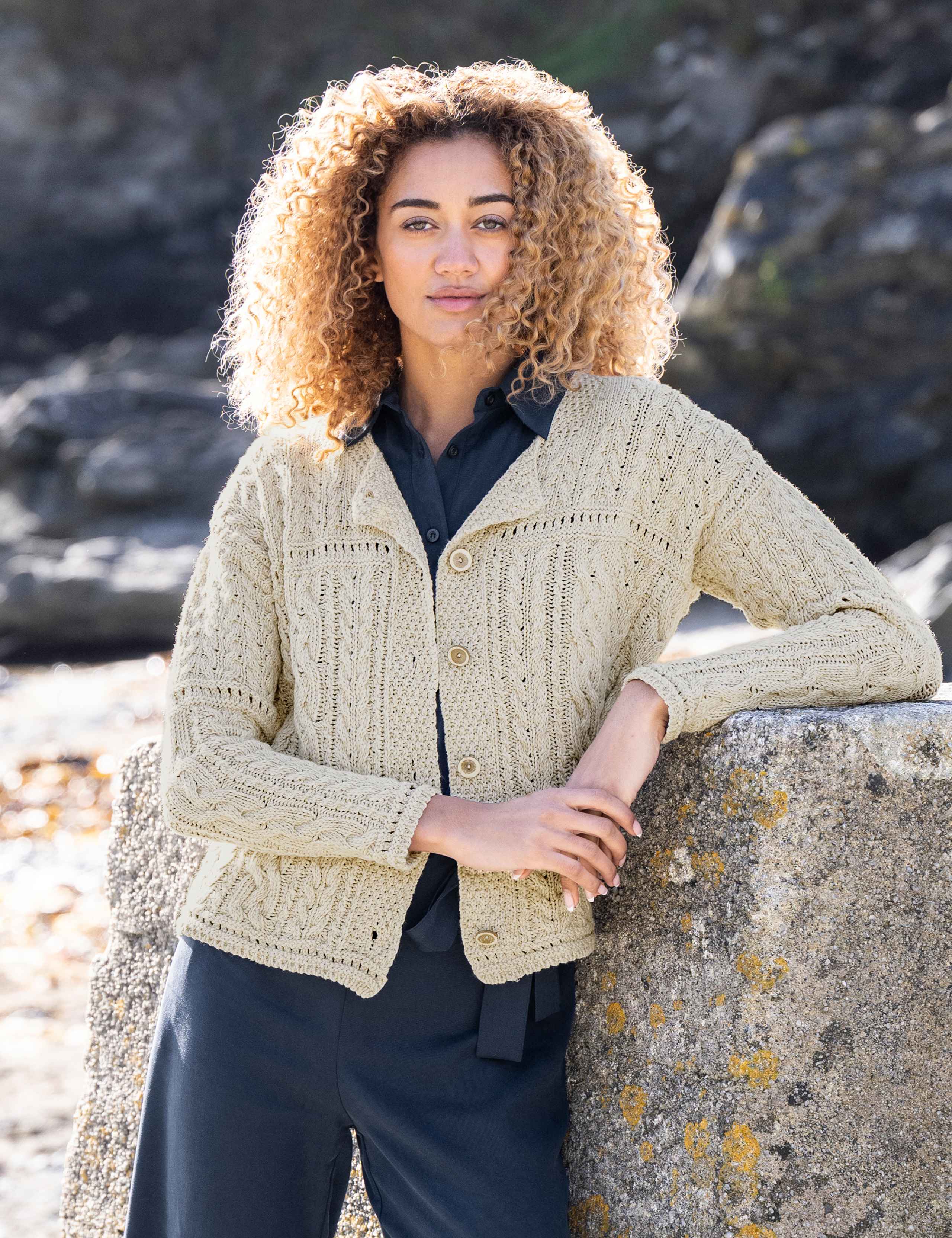 Cotton Rich Cable Knit Cardigan with Linen 1 of 4