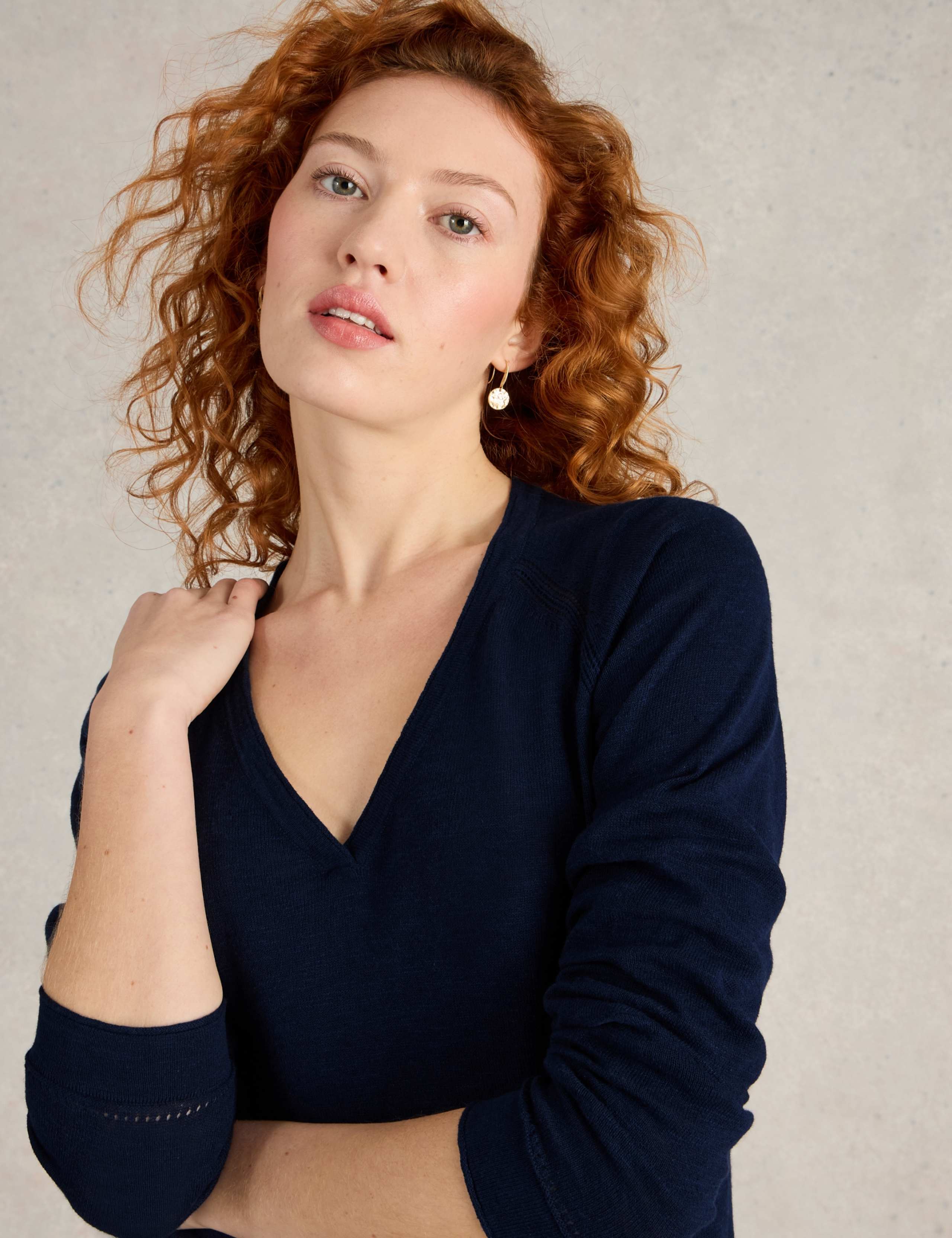 Cotton Rich V-Neck Jumper With Linen 1 of 7