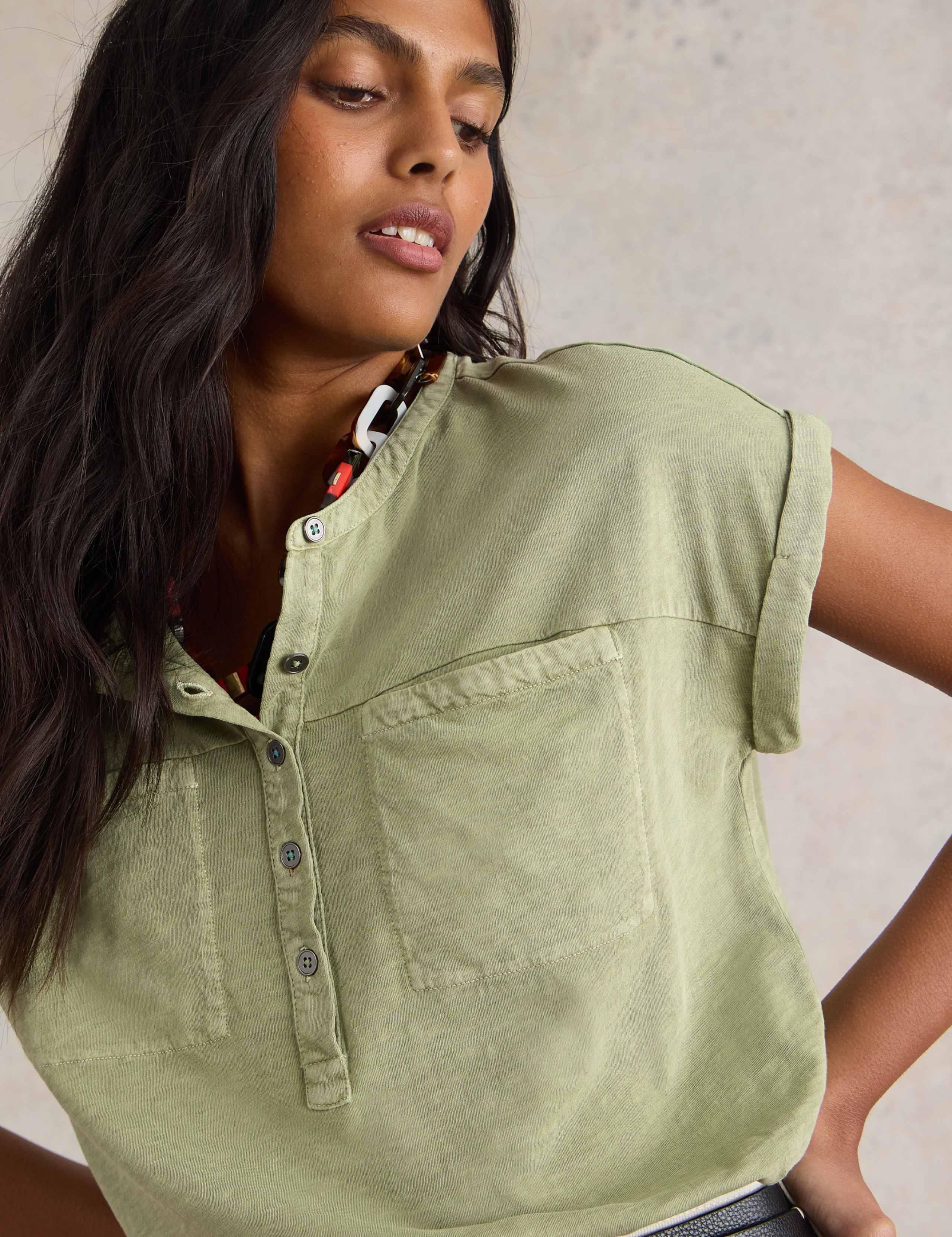 Pure Cotton Crew Neck Button Detail Shirt 5 of 6