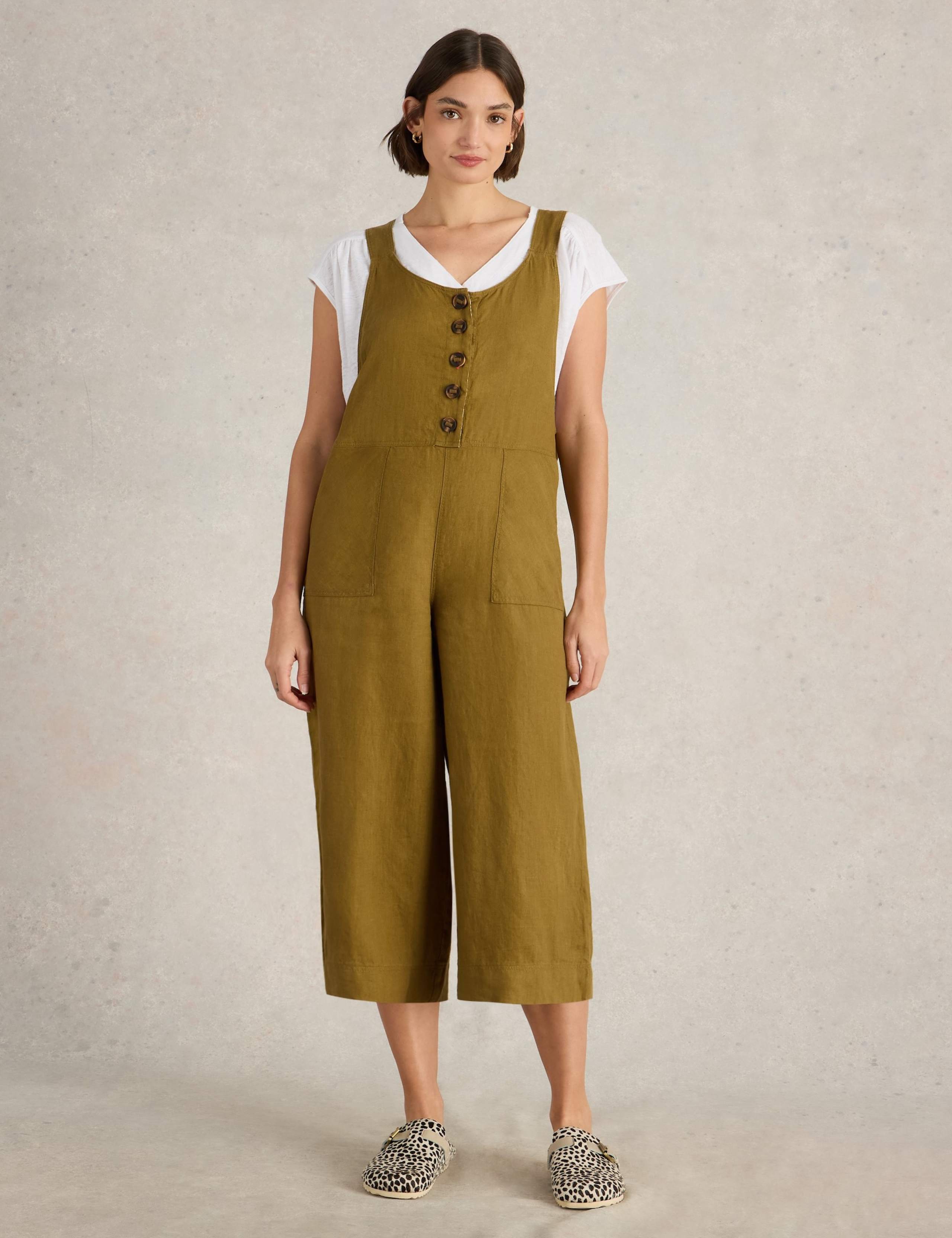 Pure Linen Cropped Dungarees 3 of 6
