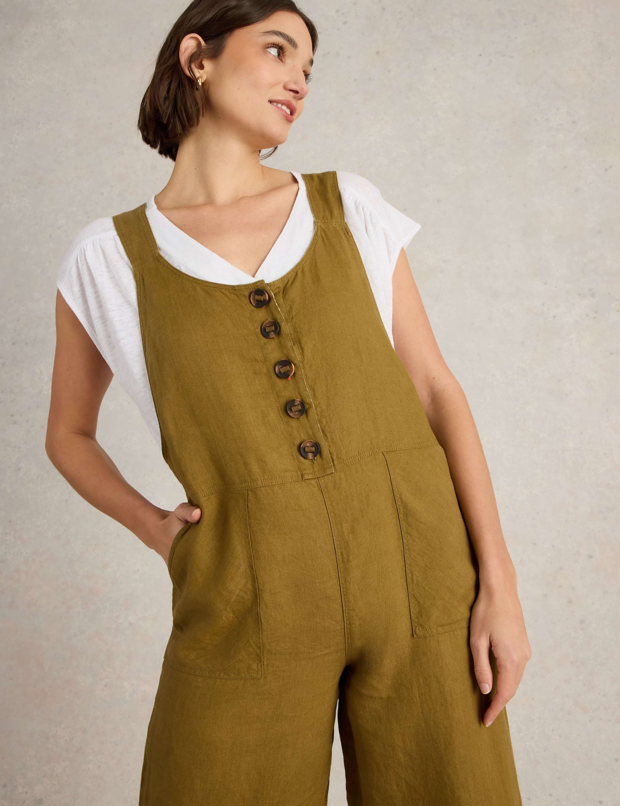 Pure Linen Cropped Dungarees 5 of 6