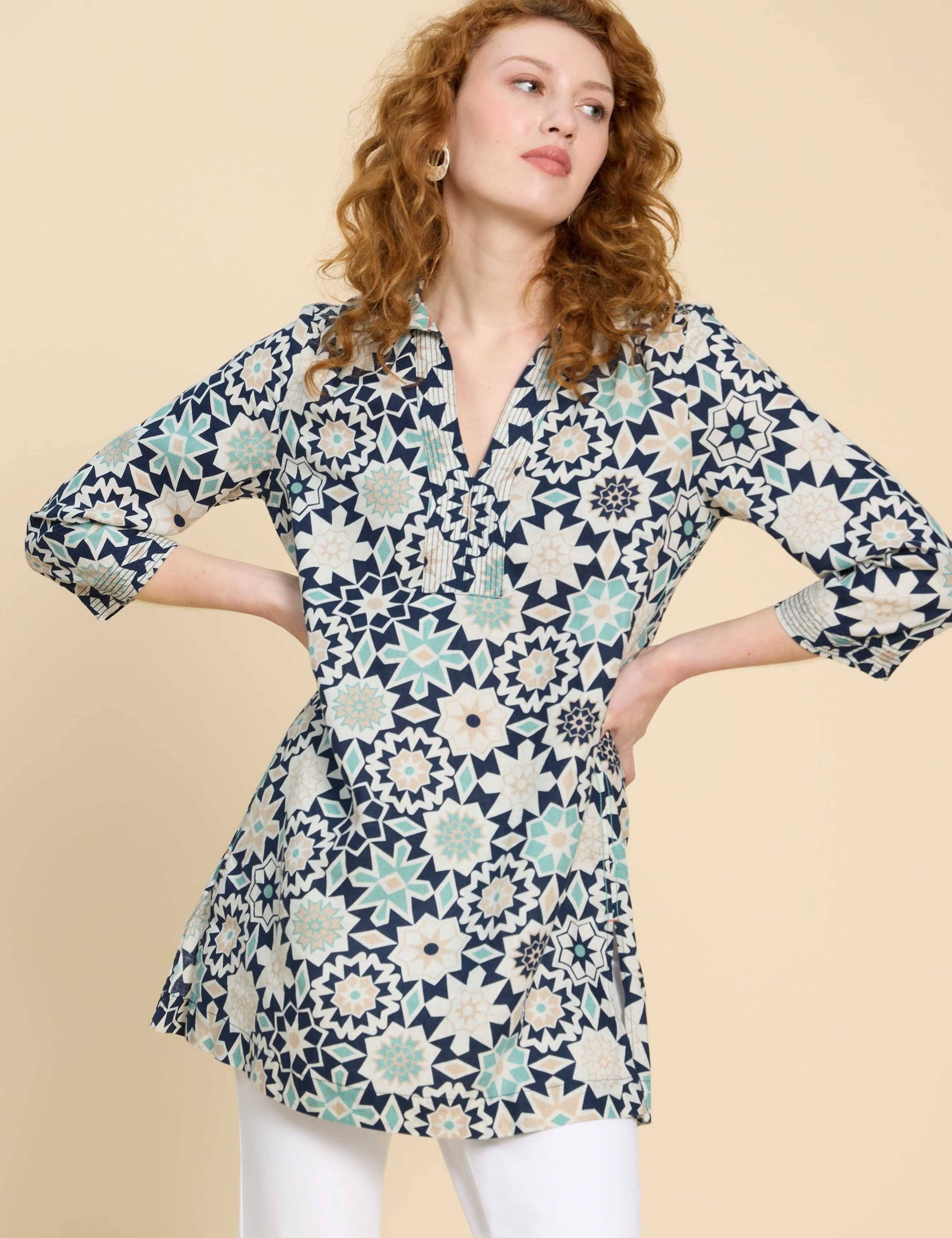 Linen Printed V-Neck Tunic 1 of 6