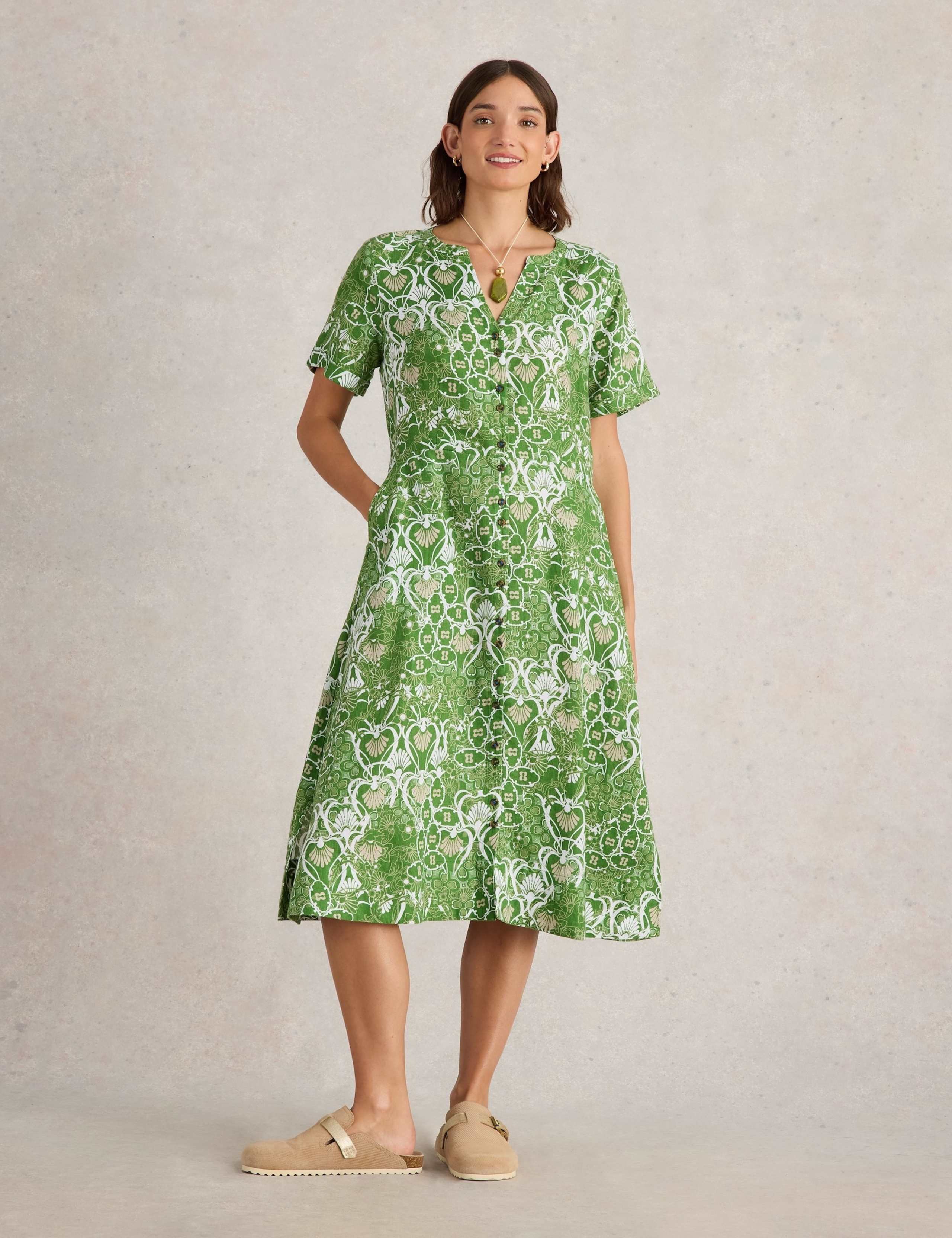 Pure Linen Notch Neck Button Through Tea Dress 3 of 6