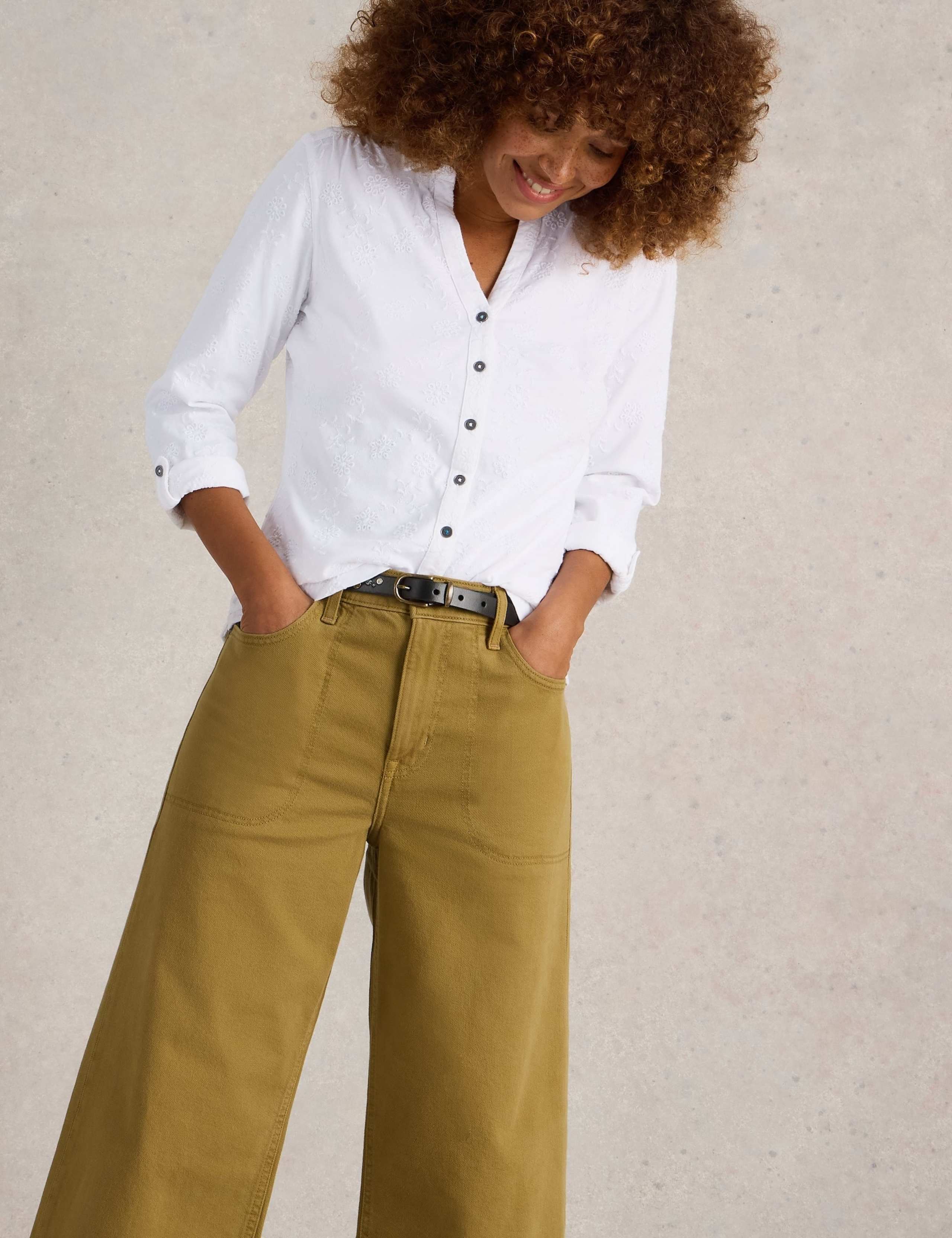 Pure Cotton Jersey Broderie V-Neck Shirt 1 of 6