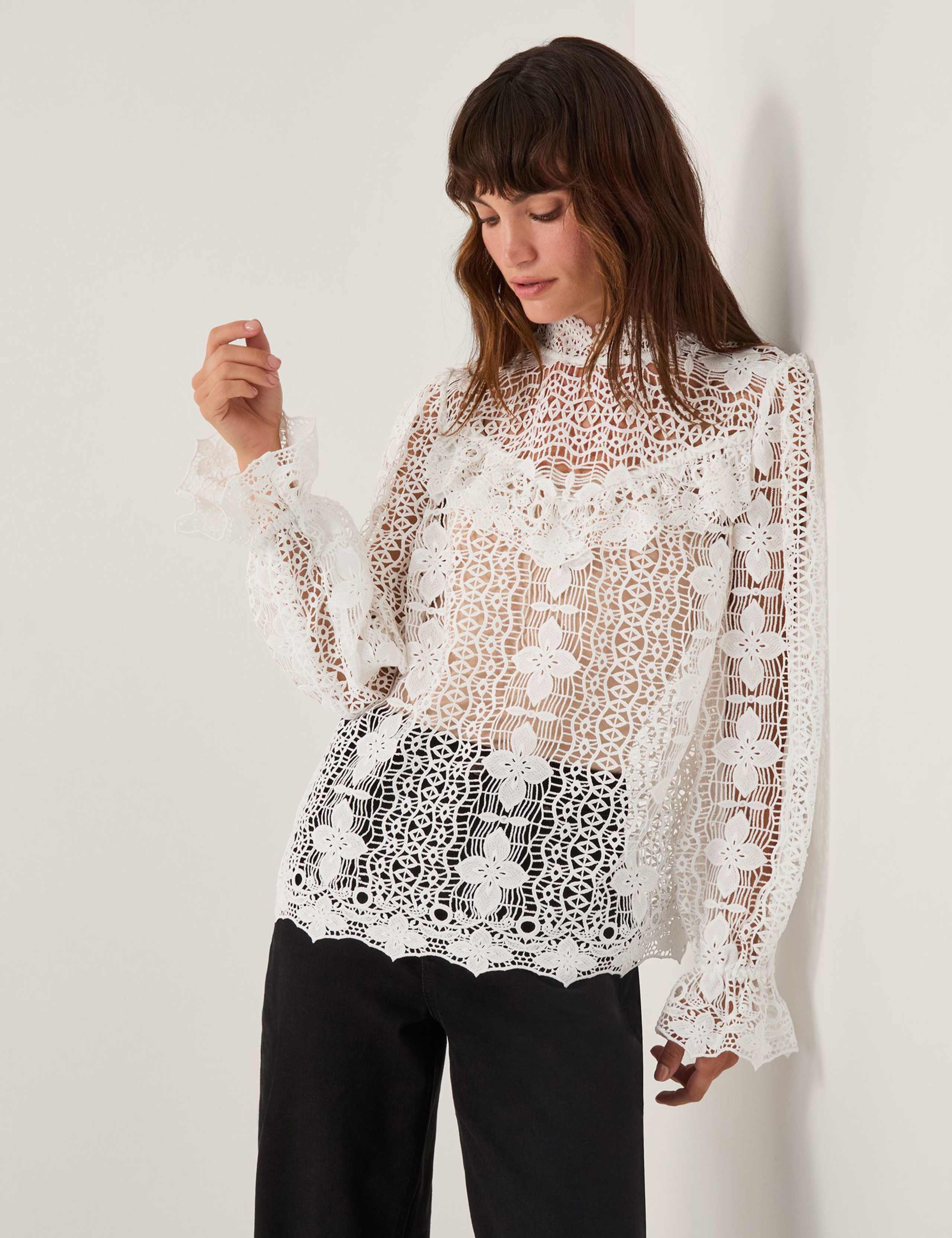 Sheer Lace Floral High Neck Blouse 1 of 4