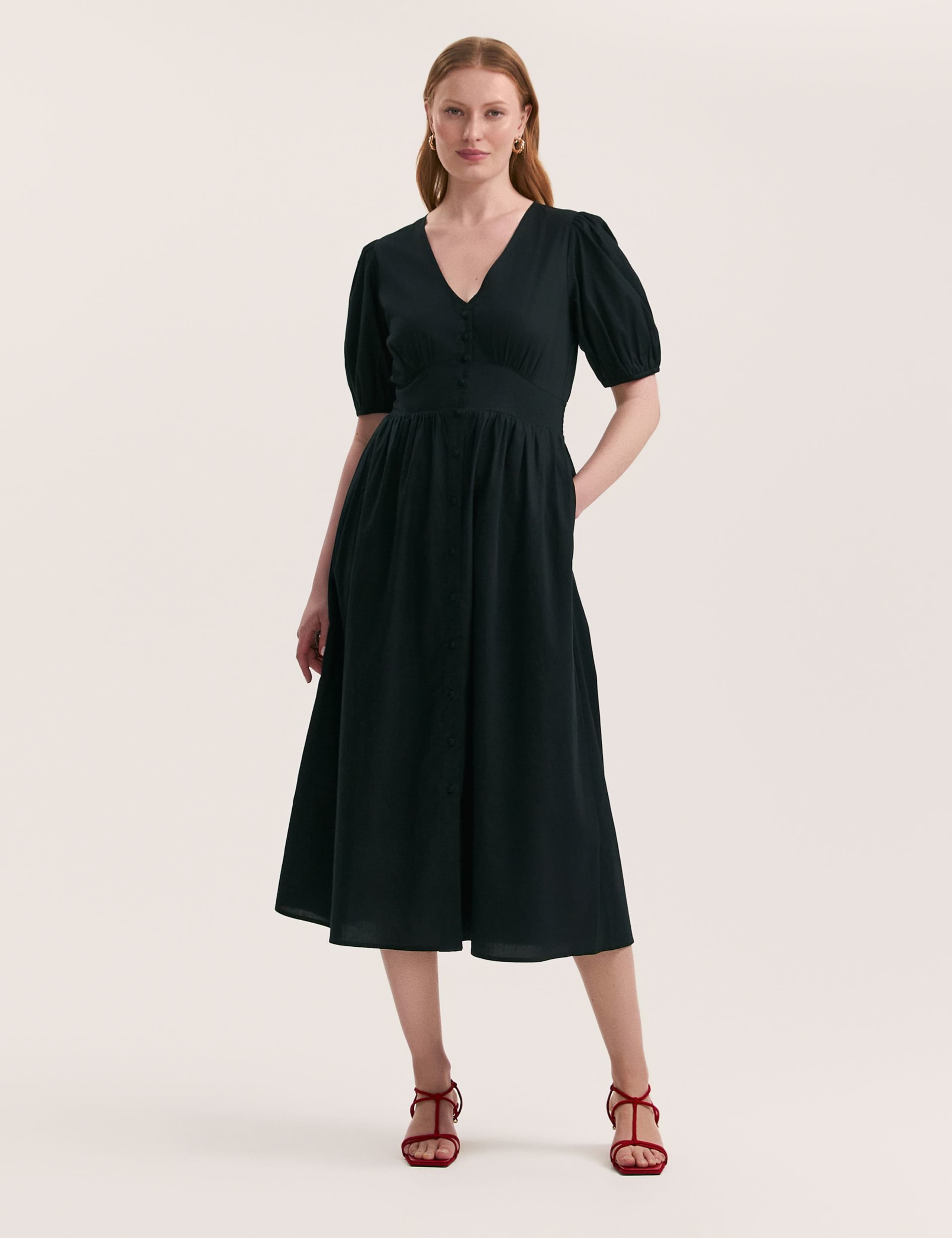 Pure Cotton V-Neck Midi Tea Dress 1 of 4
