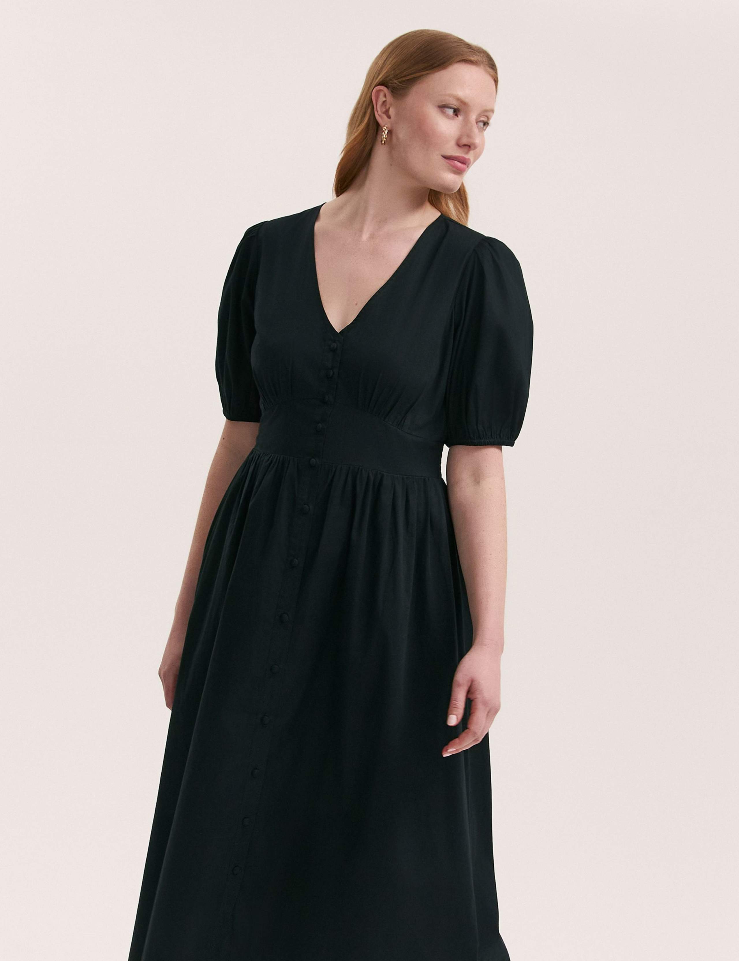 Pure Cotton V-Neck Midi Tea Dress 3 of 4