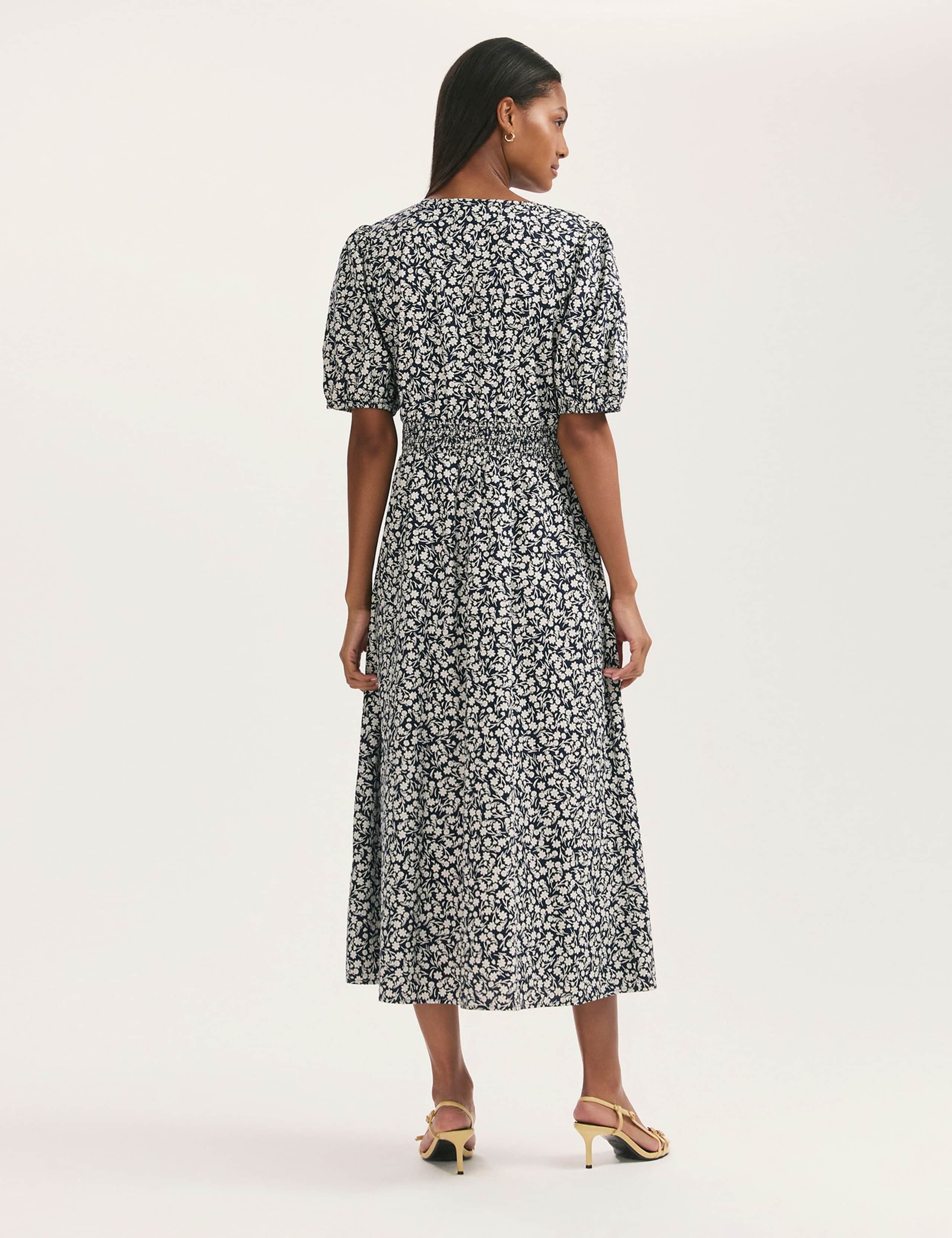 Pure Cotton Floral V-Neck Midi Waisted Dress 2 of 4