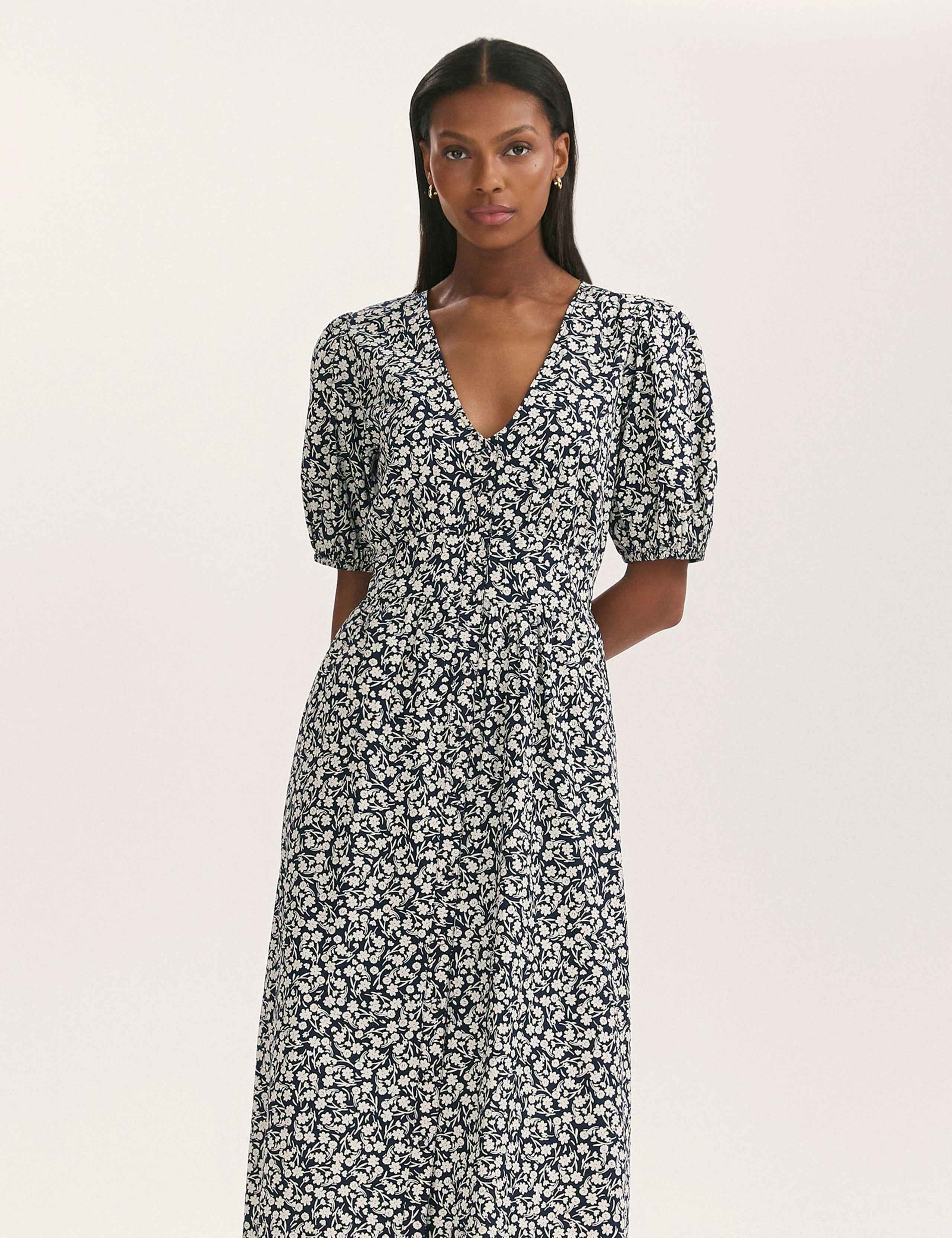 Pure Cotton Floral V-Neck Midi Waisted Dress 3 of 4