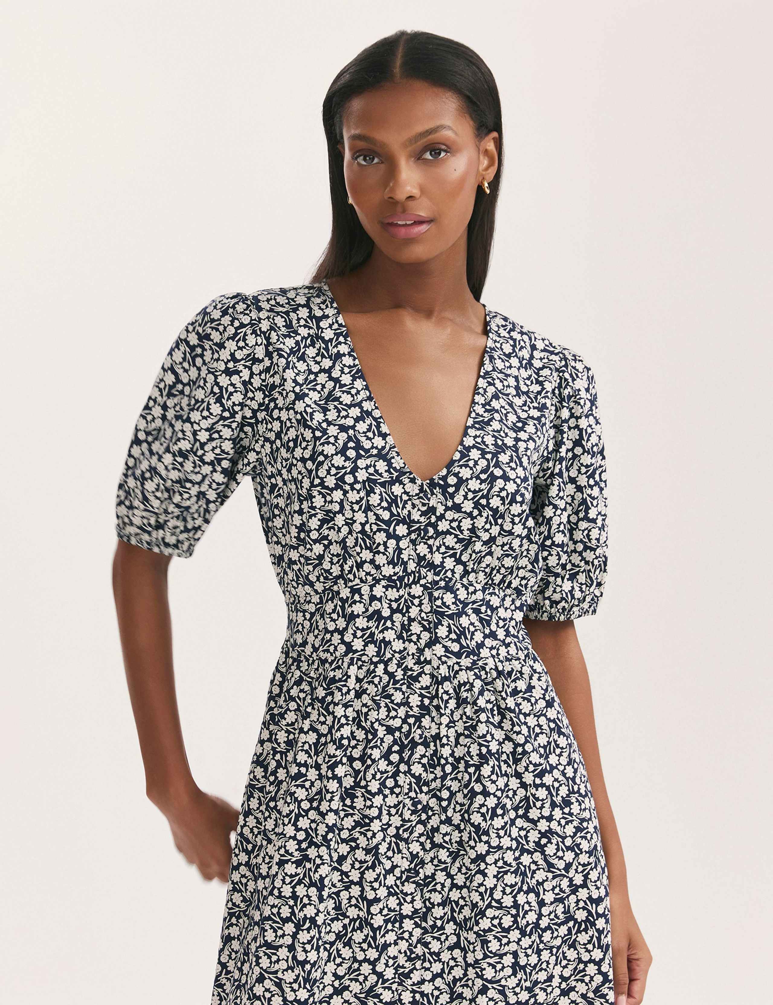 Pure Cotton Floral V-Neck Midi Waisted Dress 4 of 4