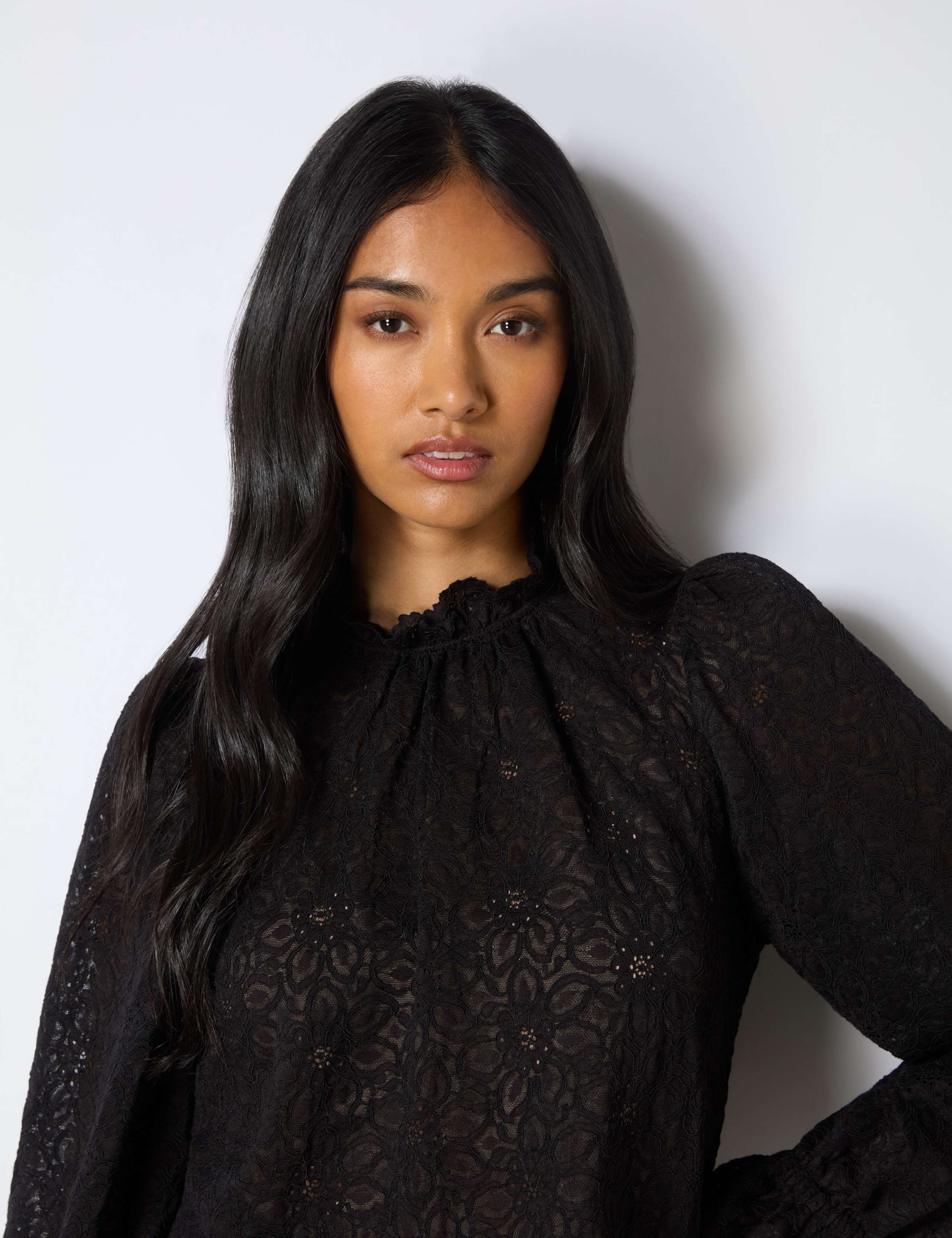 Lace High Neck Blouson Sleeve Blouse 2 of 4