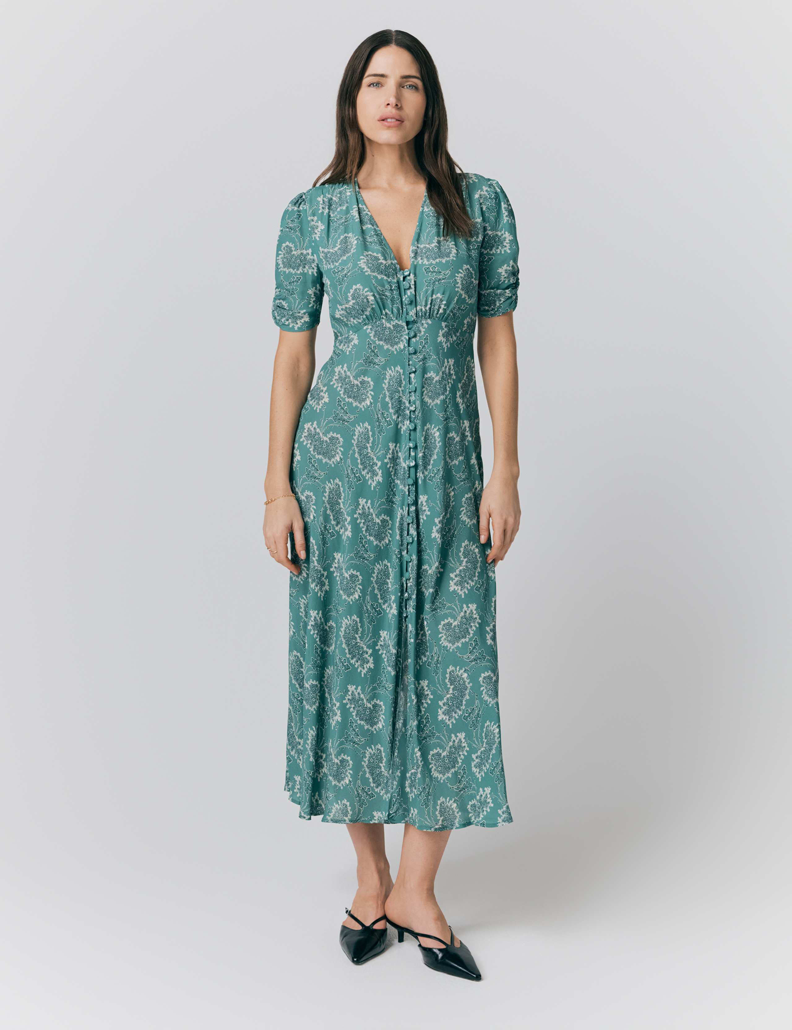 Crepe Floral V-Neck Midi Tea Dress 1 of 4