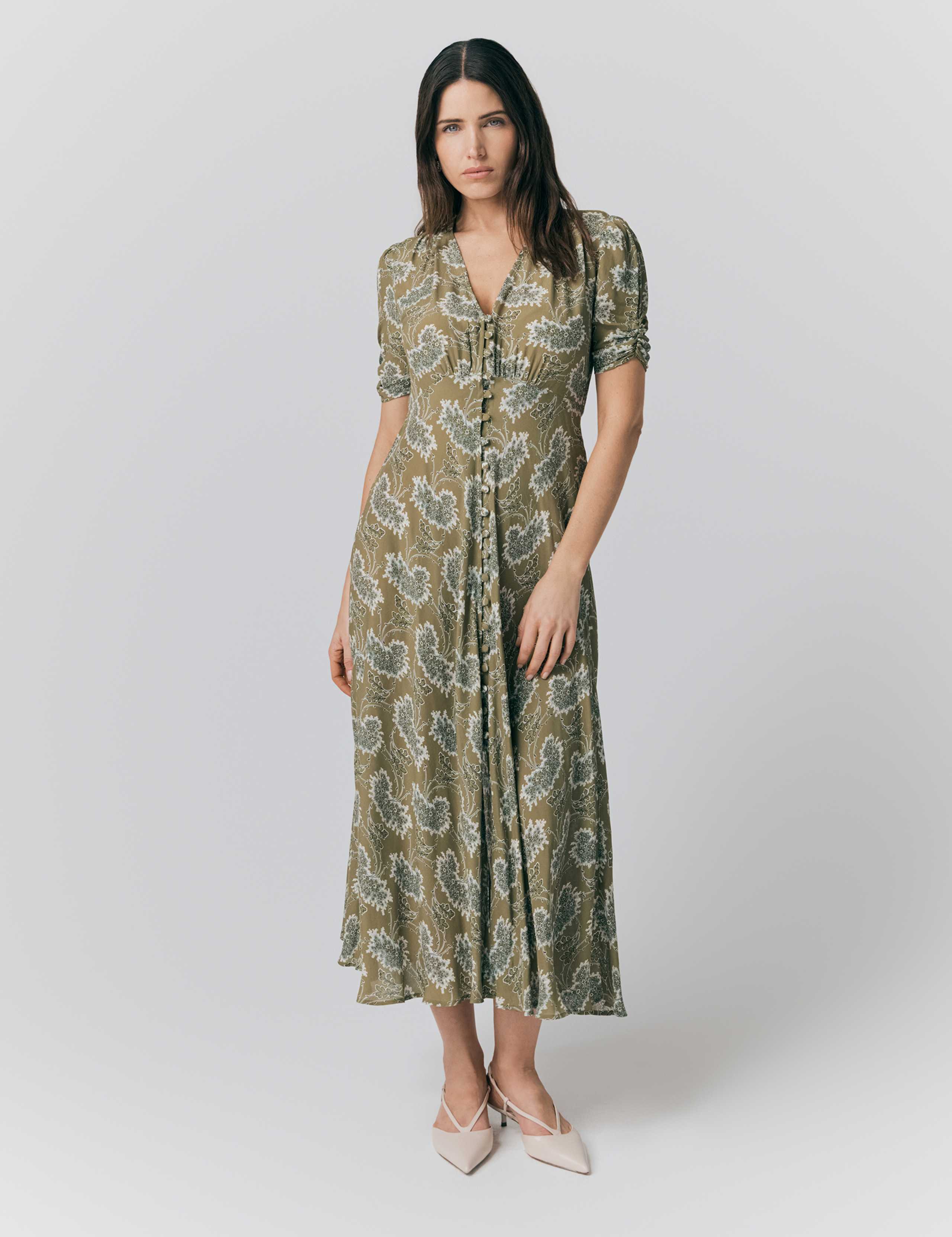 Crepe Floral V-Neck Midi Tea Dress 1 of 4