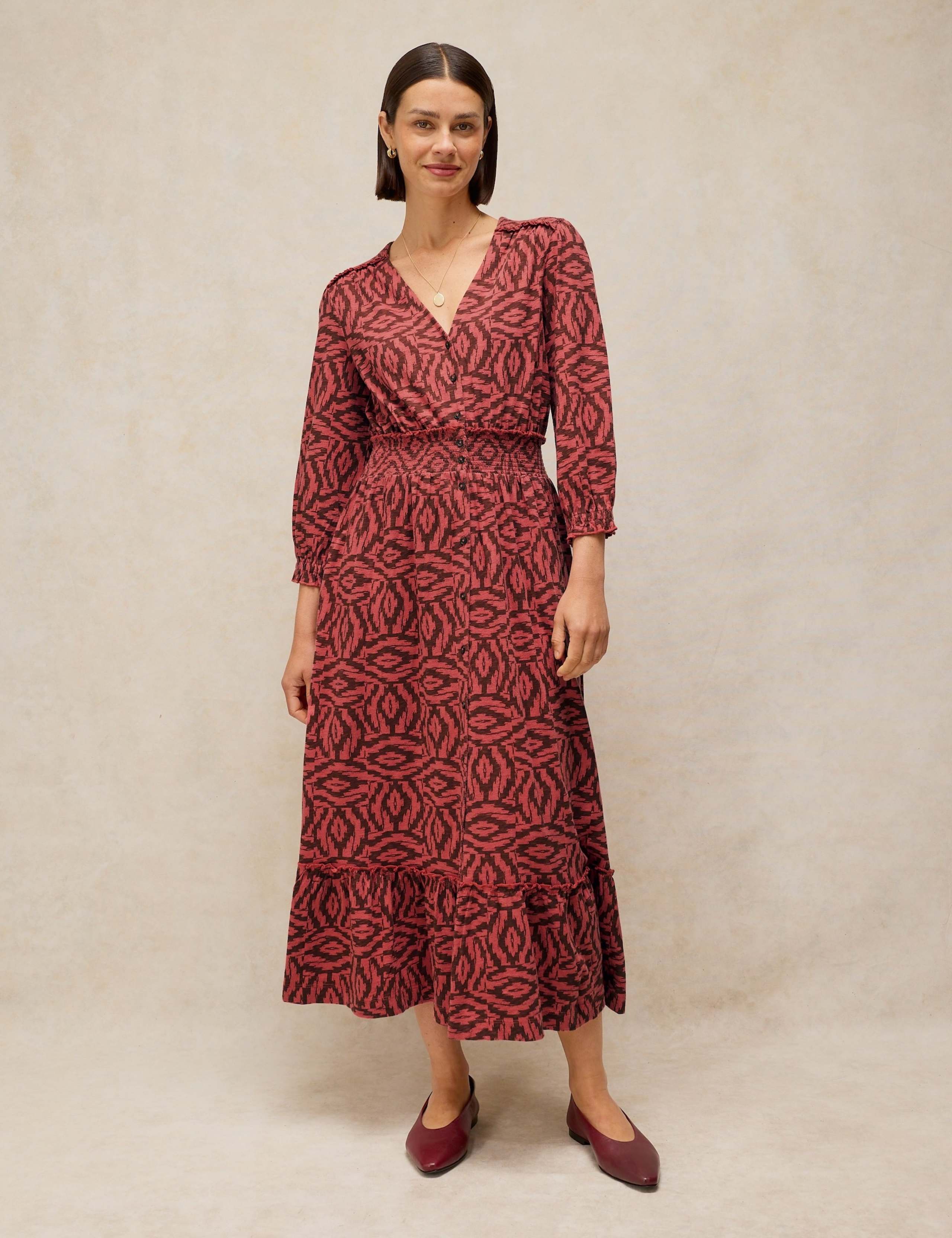 Pure Cotton Printed Shirred Detail Midi Dress 1 of 6