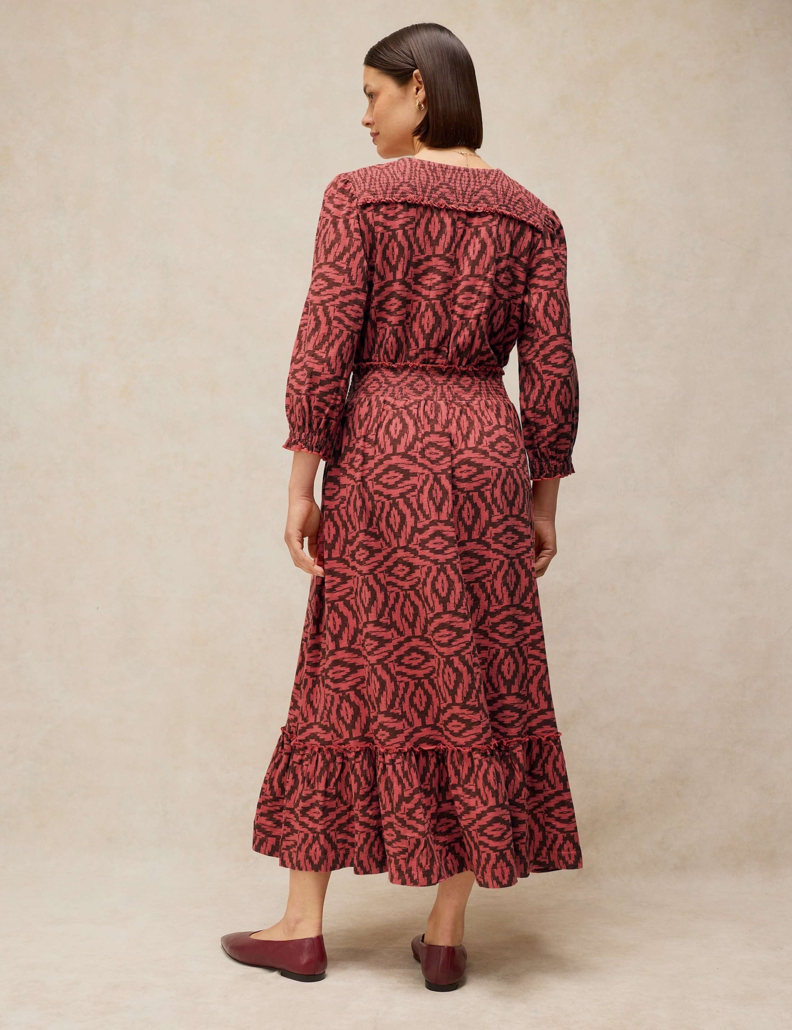 Pure Cotton Printed Shirred Detail Midi Dress 3 of 6