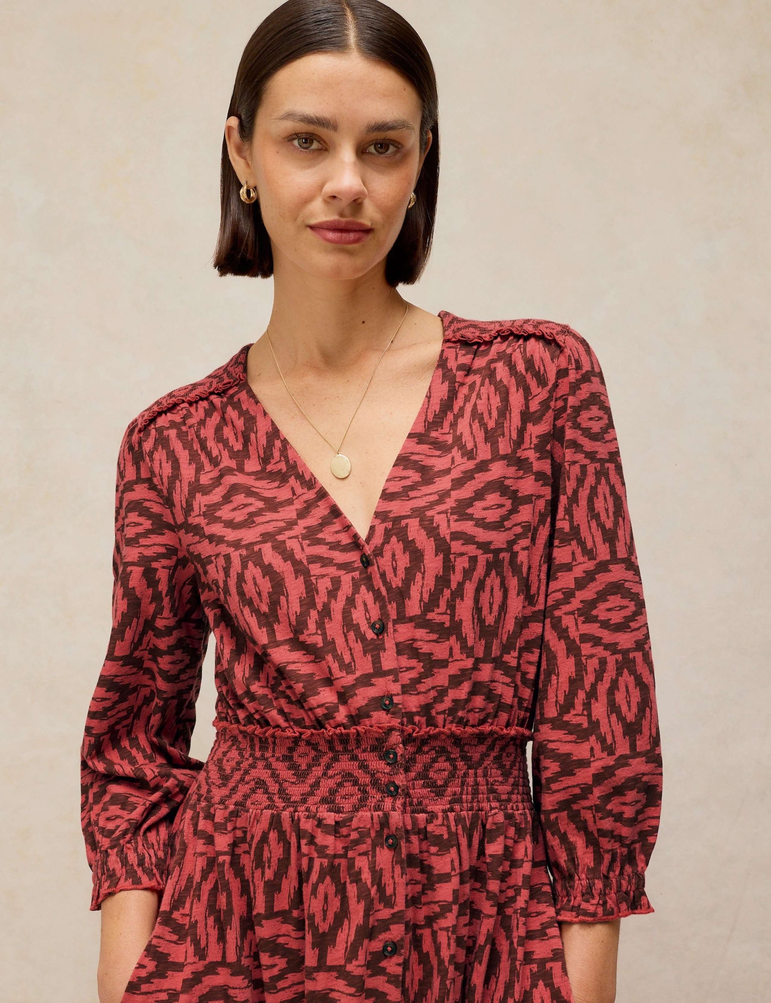 Pure Cotton Printed Shirred Detail Midi Dress 4 of 6